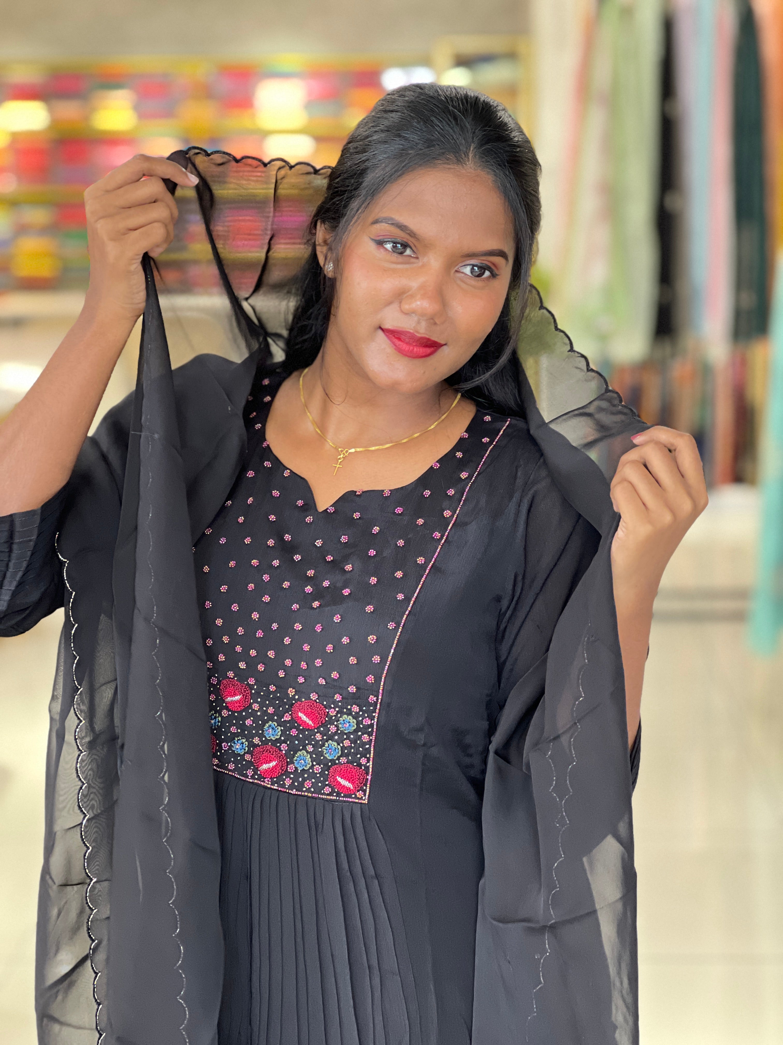 Embroidery And Bead Detailed Crepe Silk kurta Set | ELC114