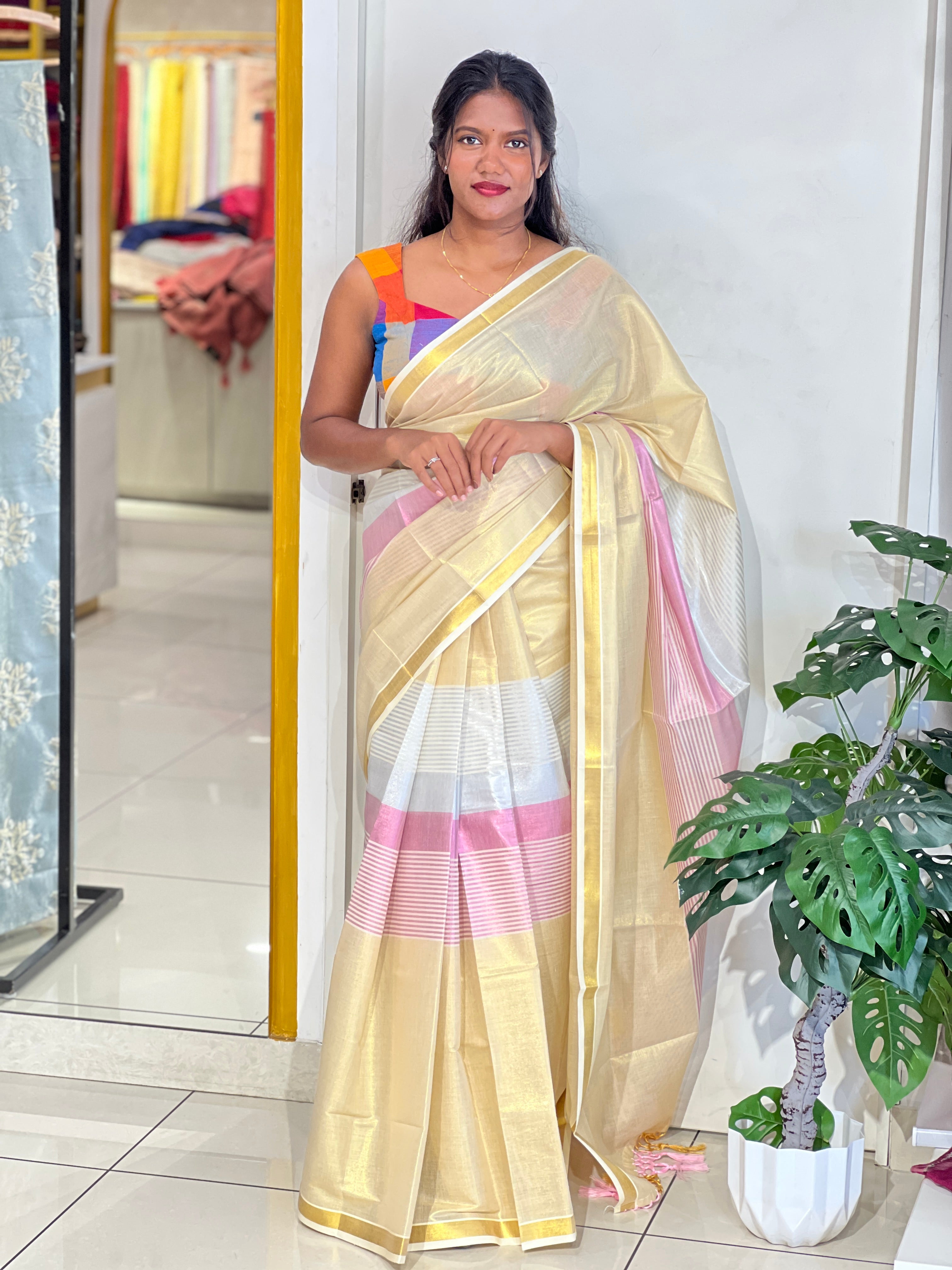 Golden Kasavu Border Pattern Tissue Saree | GAT605