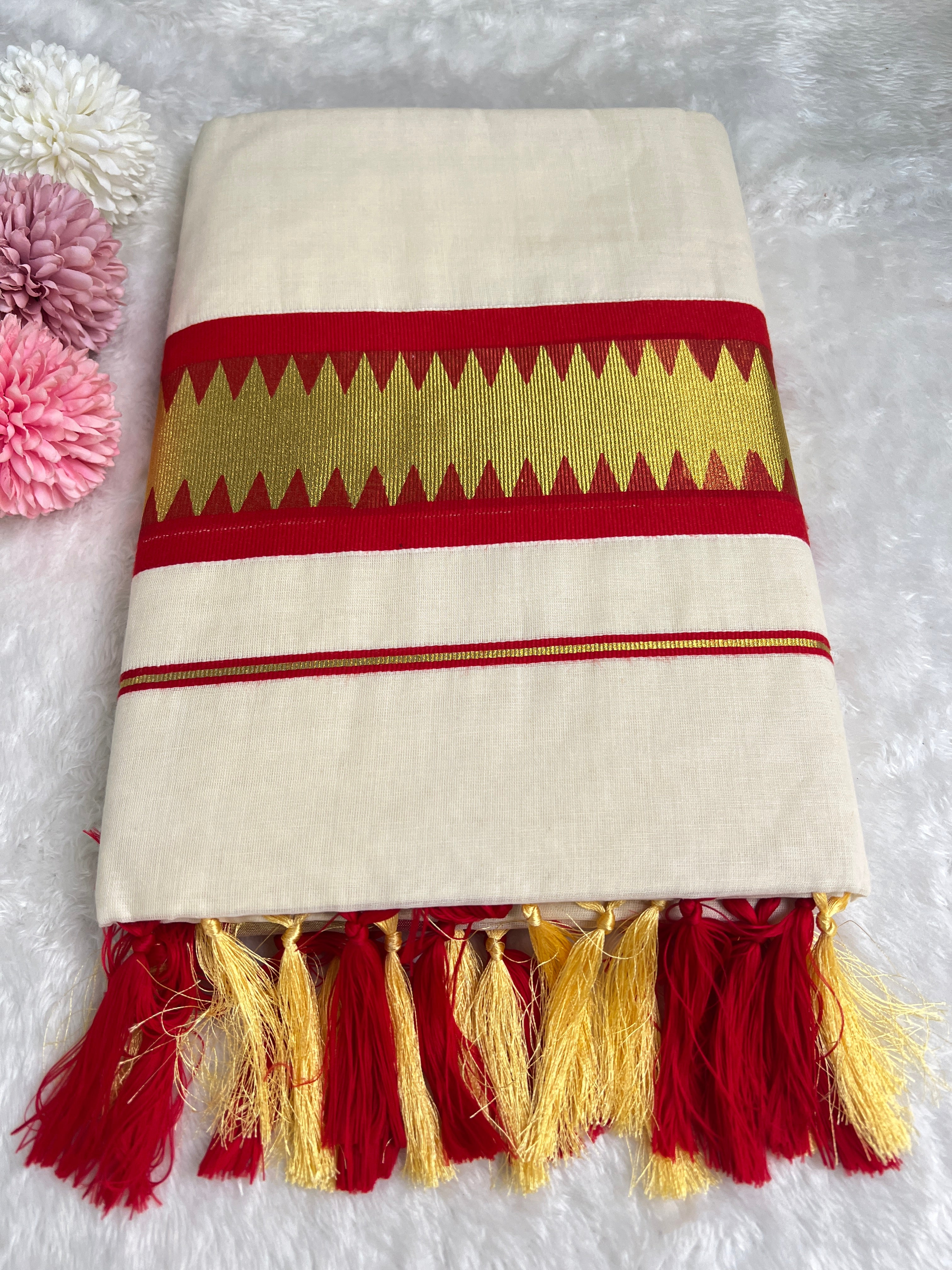 Temple Pattern Border Kerala Cotton Saree | GAT509