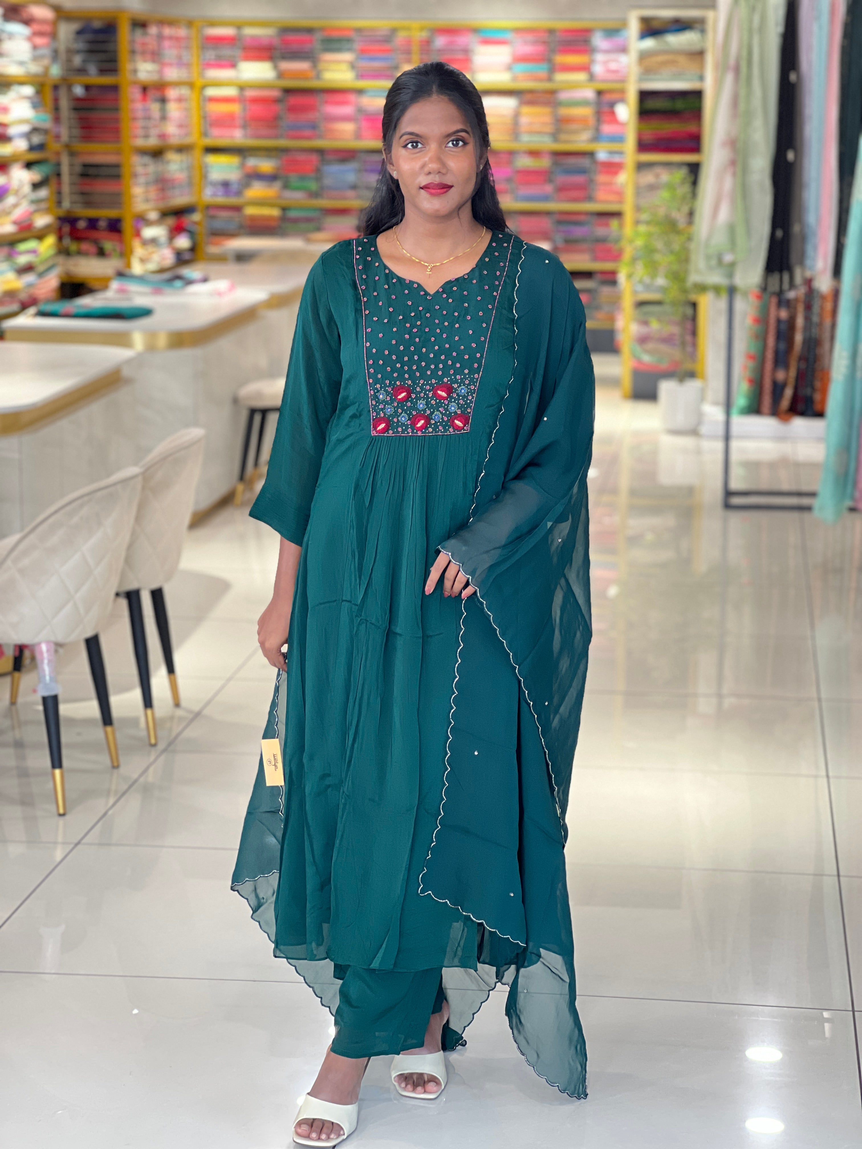 Embroidery And Bead Detailed Crepe Silk kurta Set | ELC113