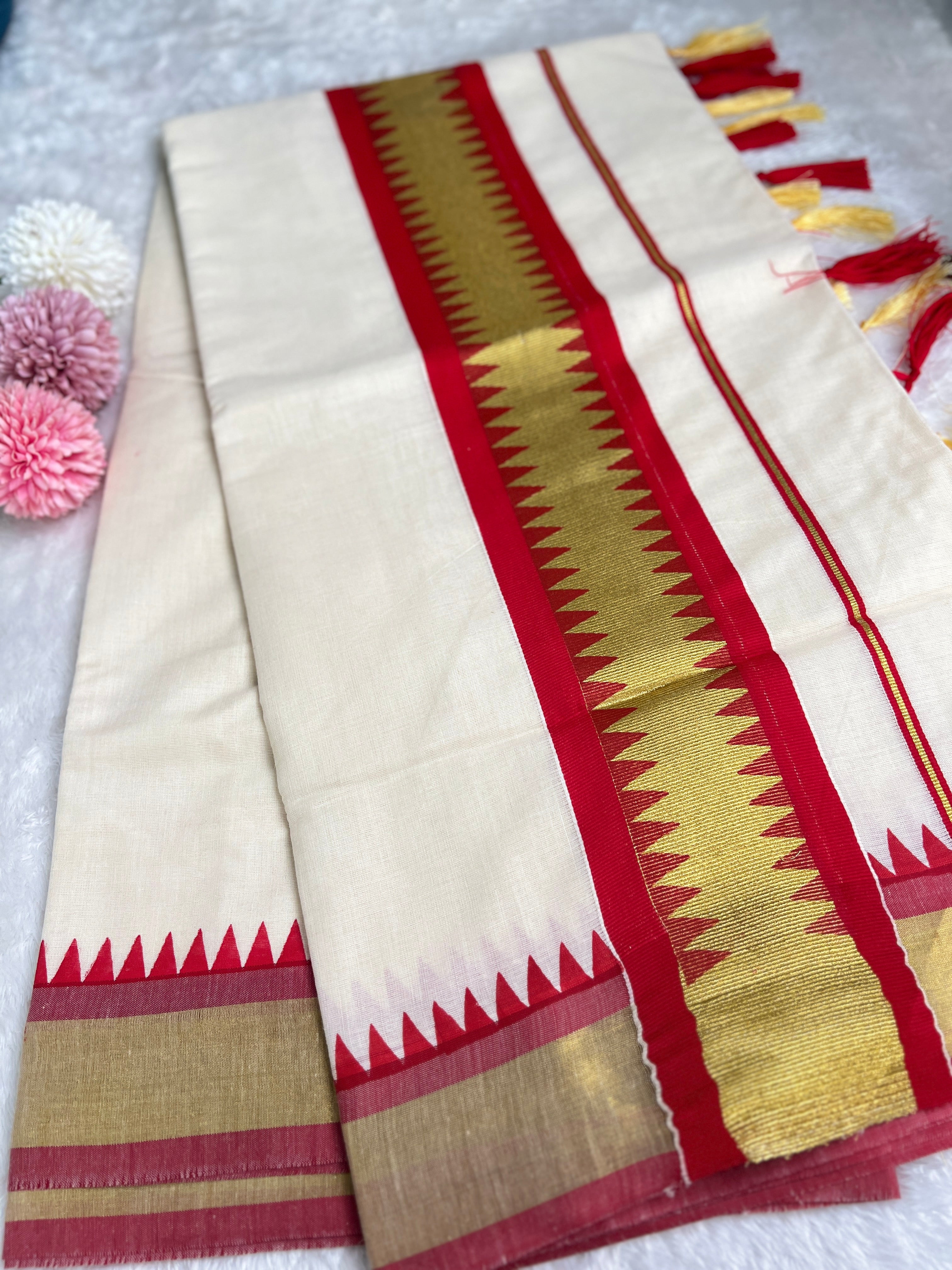 Temple Pattern Border Kerala Cotton Saree | GAT509