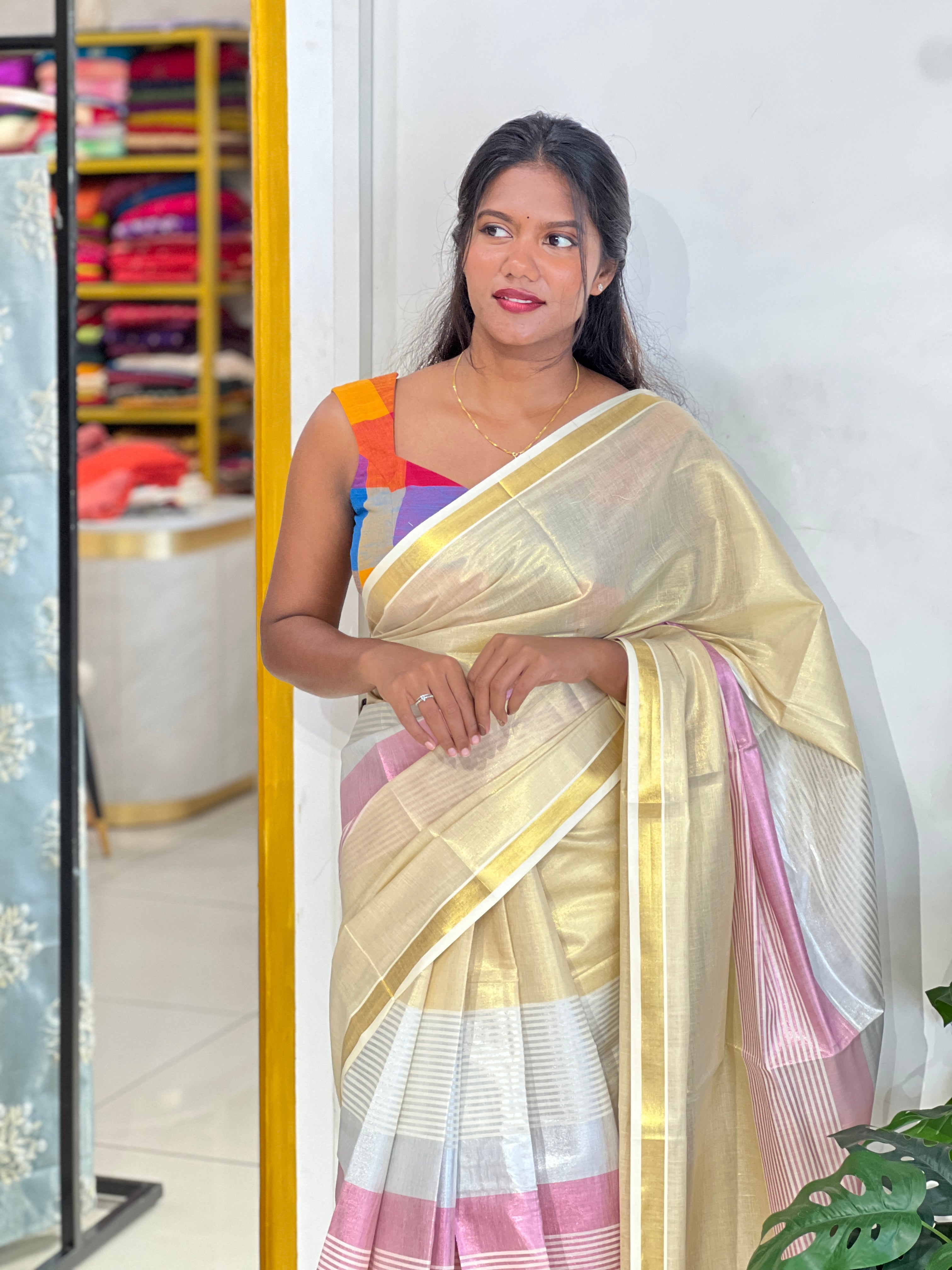 Golden Kasavu Border Pattern Tissue Saree | GAT605