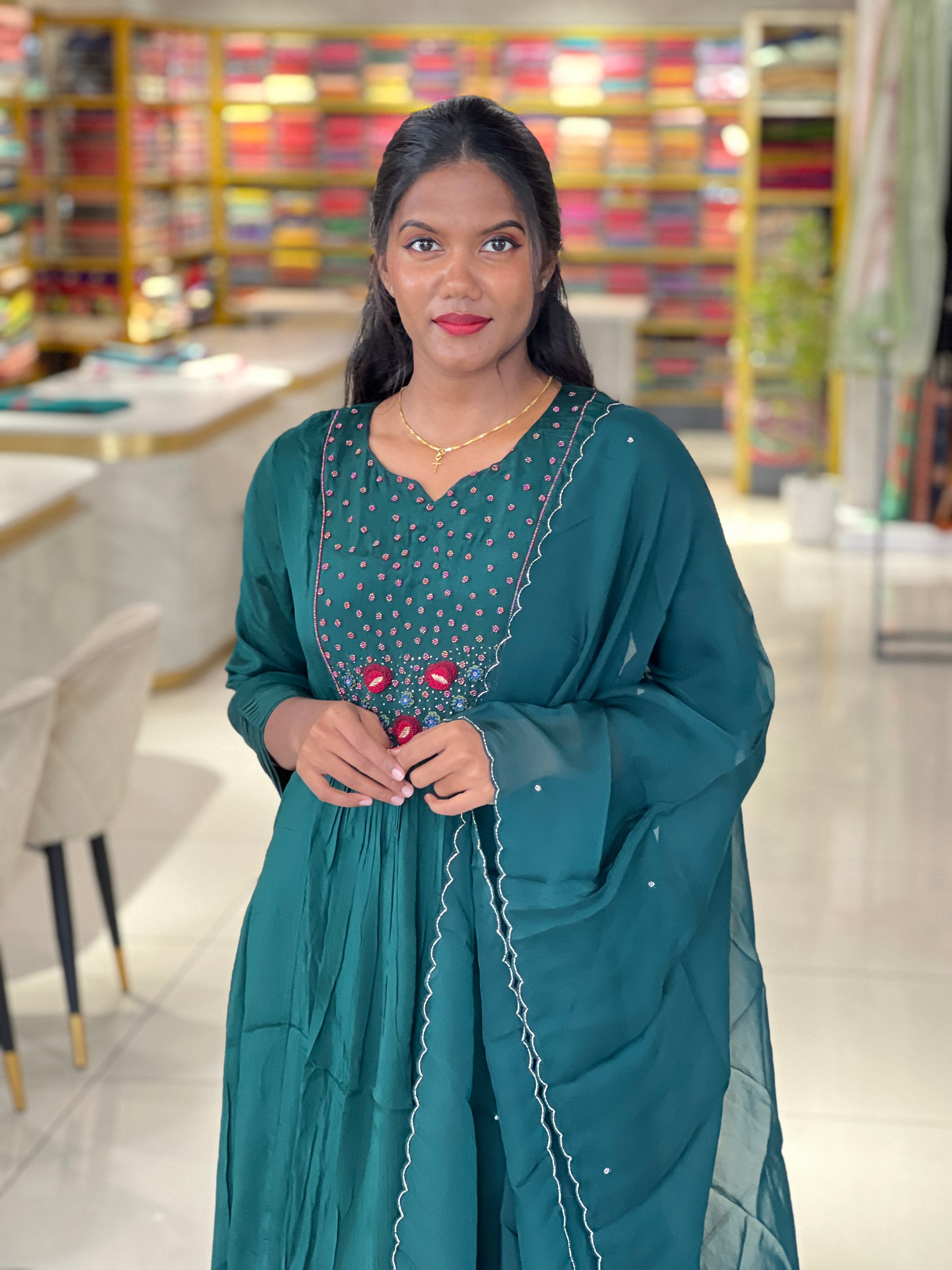 Embroidery And Bead Detailed Crepe Silk kurta Set | ELC113