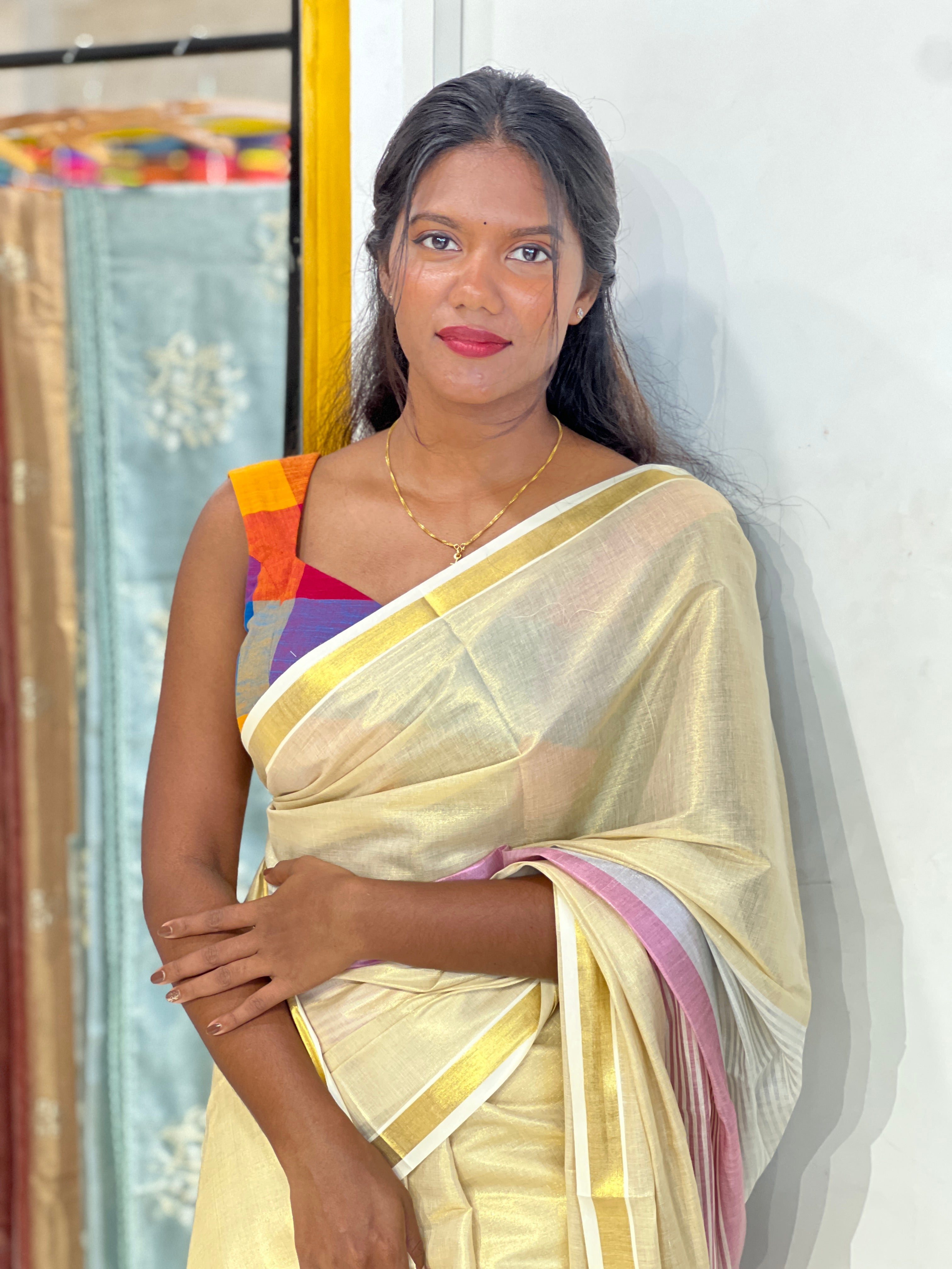Golden Kasavu Border Pattern Tissue Saree | GAT605