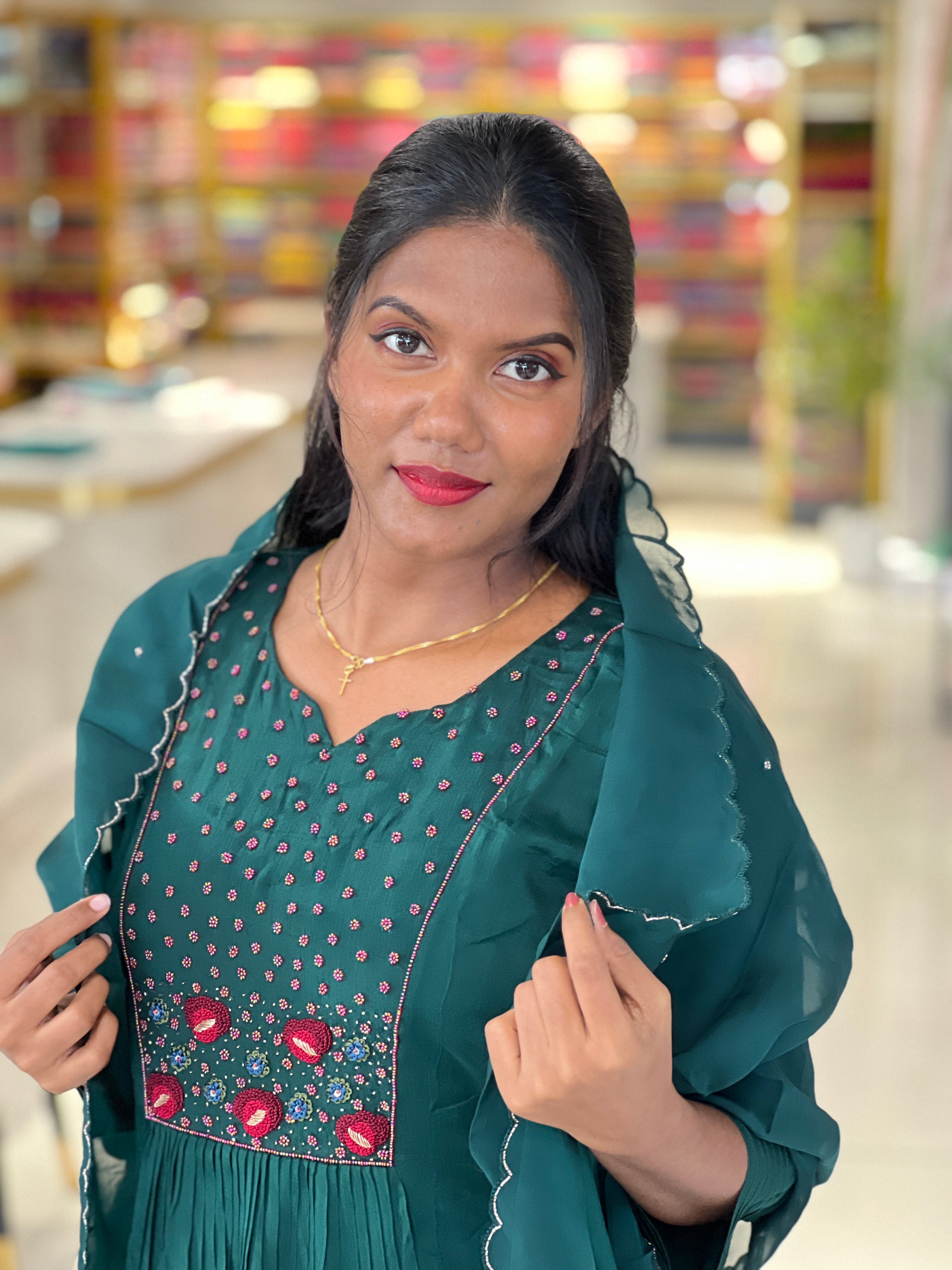 Embroidery And Bead Detailed Crepe Silk kurta Set | ELC113