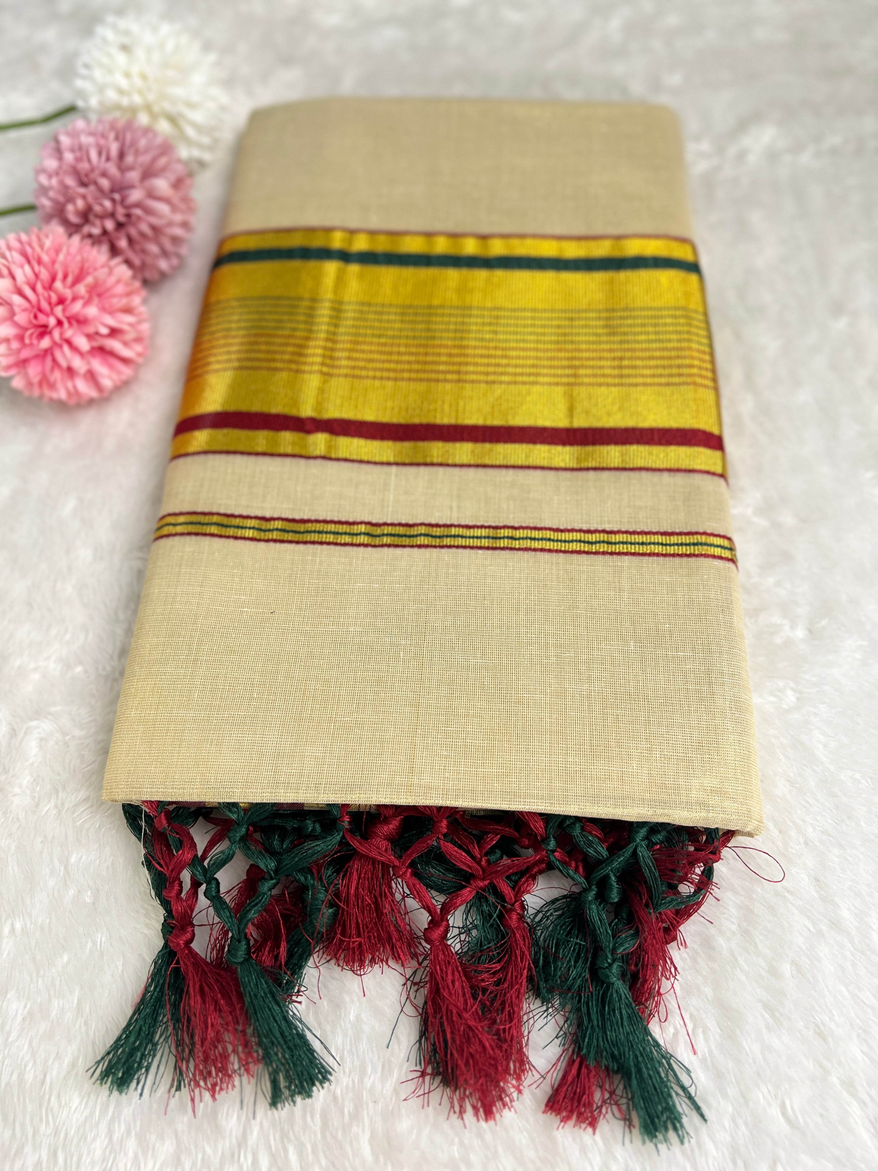 Golden Kasavu Pattern Tissue Saree | GAT475