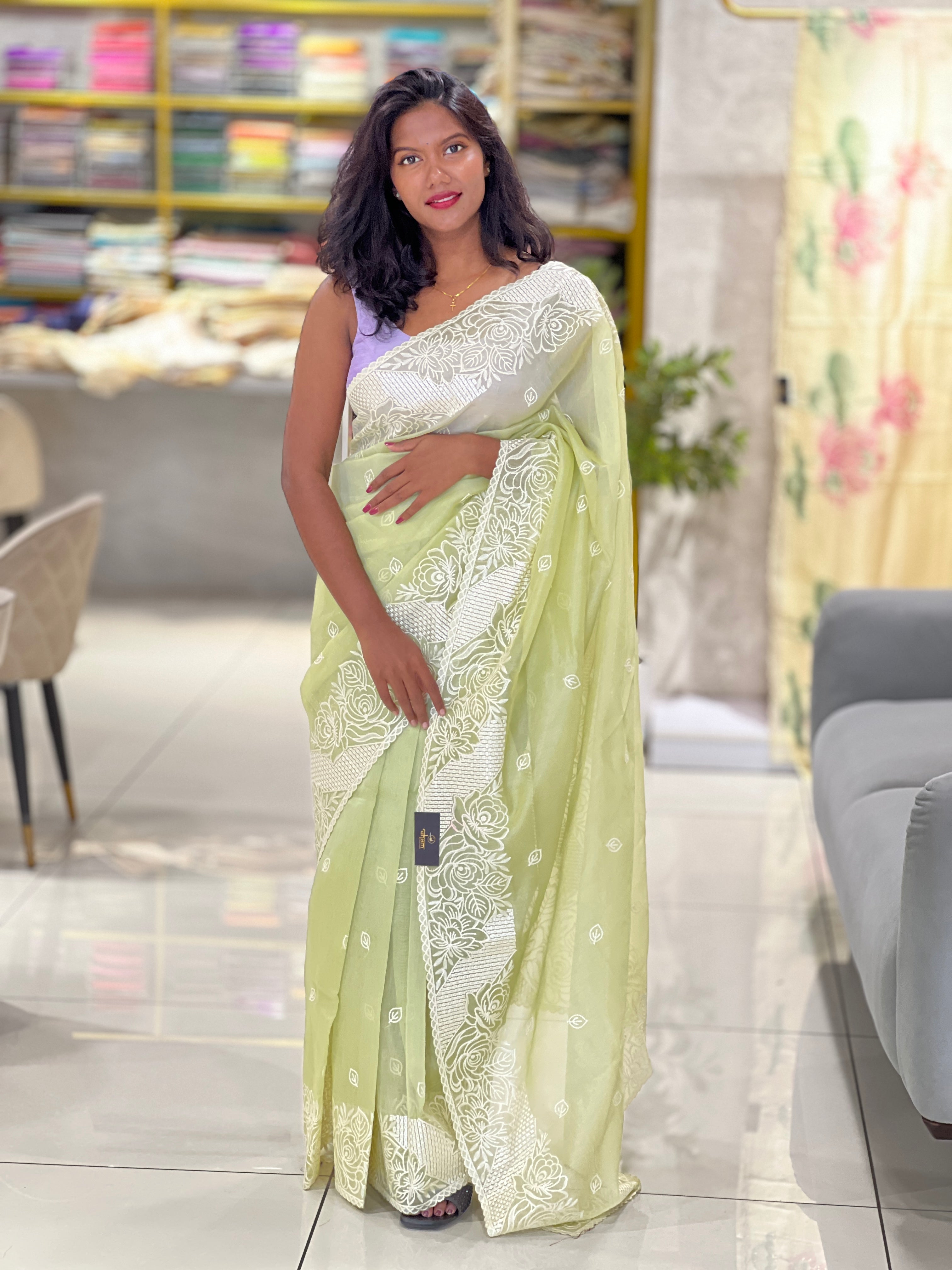 Point Embroidery Detailed Viscose Organza Saree | SUN513