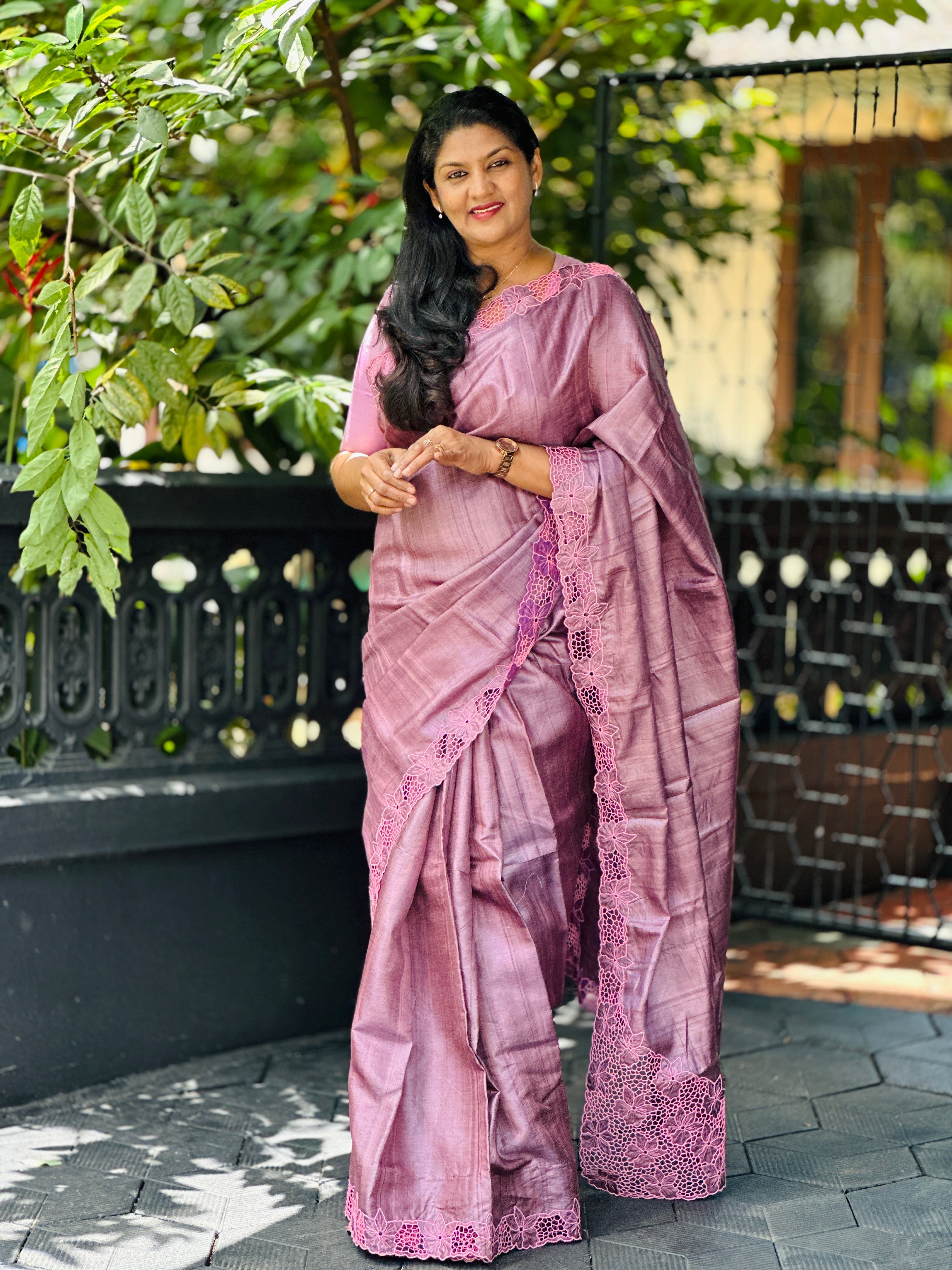 Twine Cut Work With Floral Embroidered Desi Tussar Saree | TC423