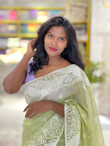 Point Embroidery Detailed Viscose Organza Saree | SUN513