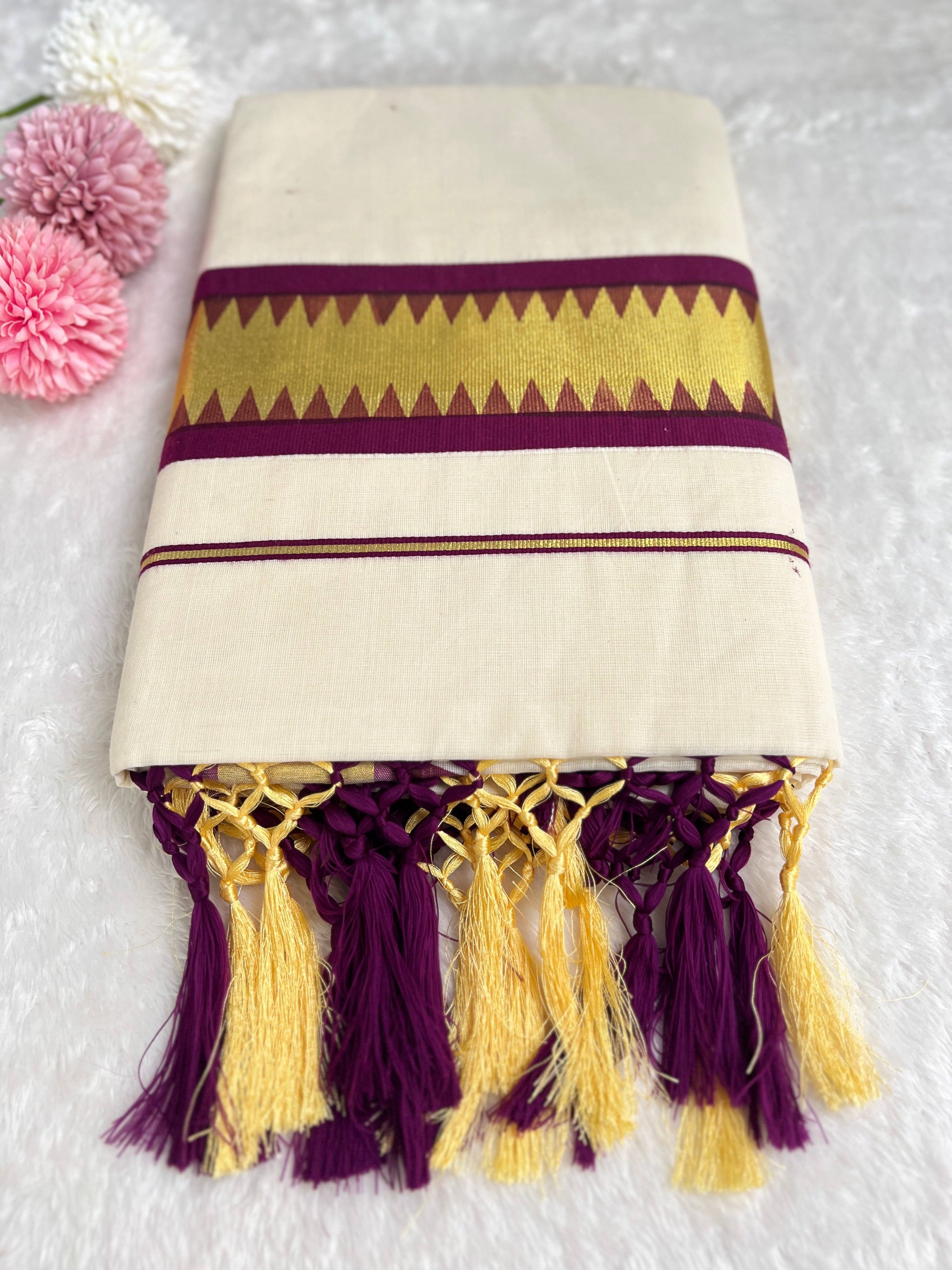 Temple Pattern Border Kerala Cotton Saree | GAT505