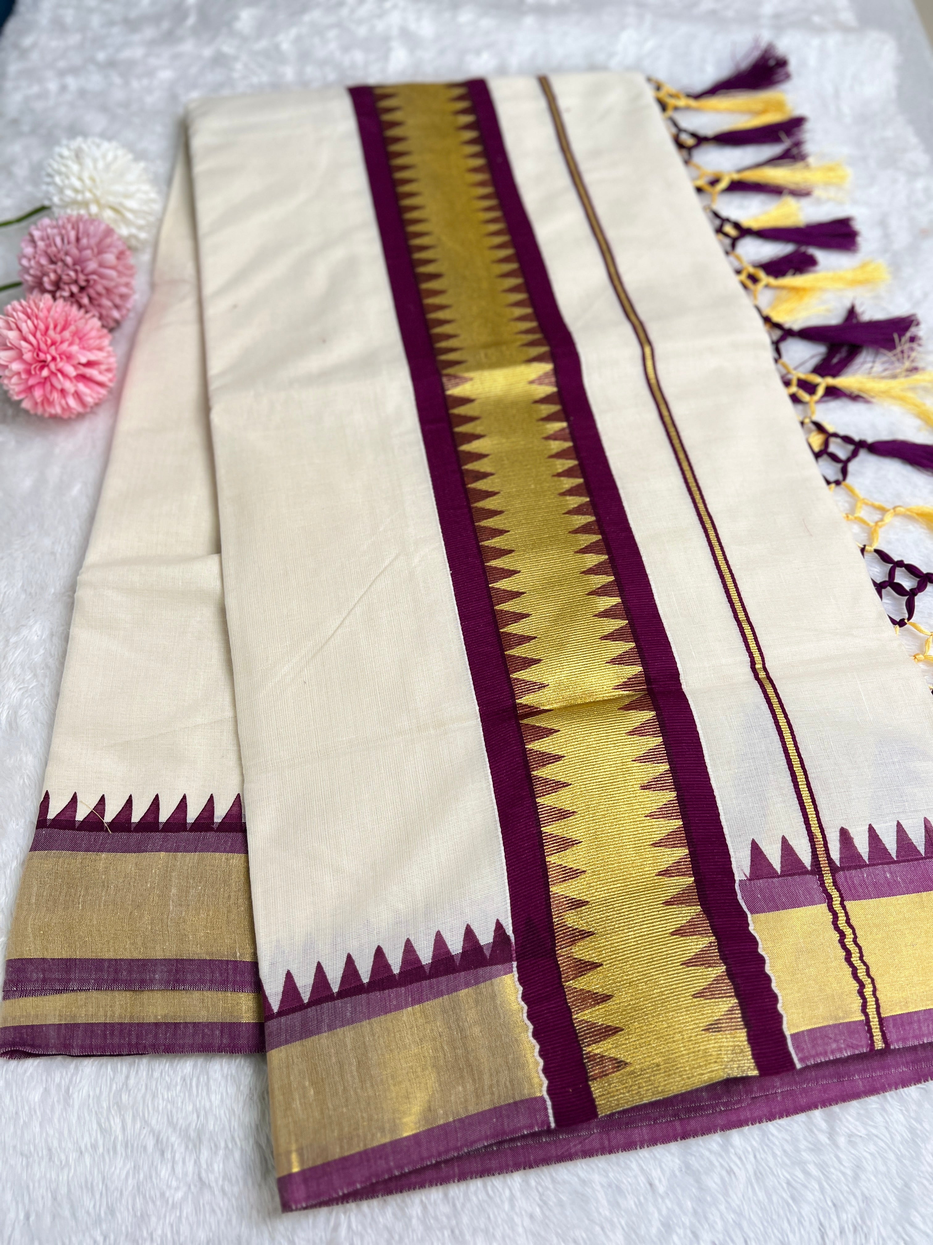 Temple Pattern Border Kerala Cotton Saree | GAT505