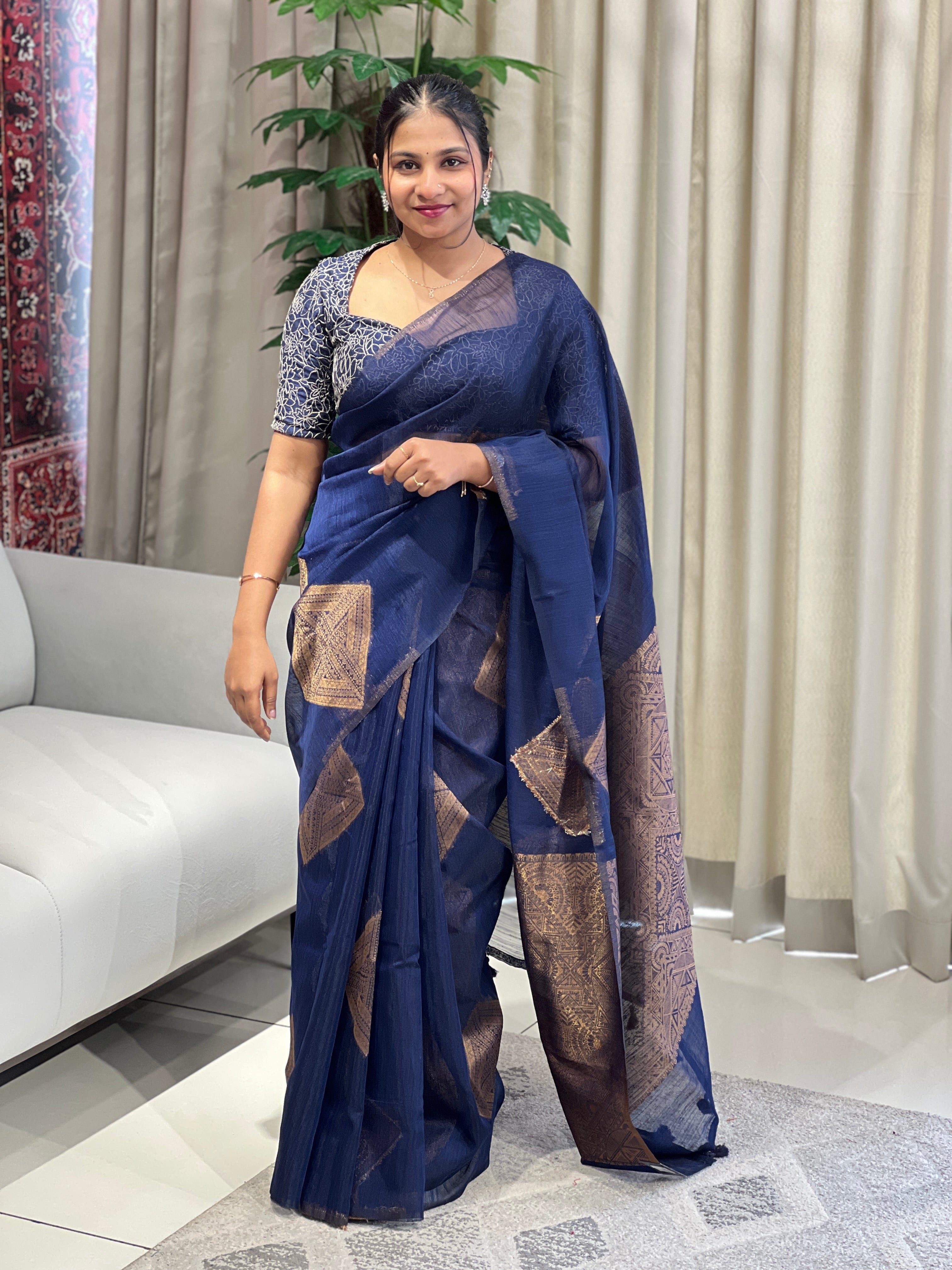 Geometric Patterned Cotton Silk Saree | YNG1085