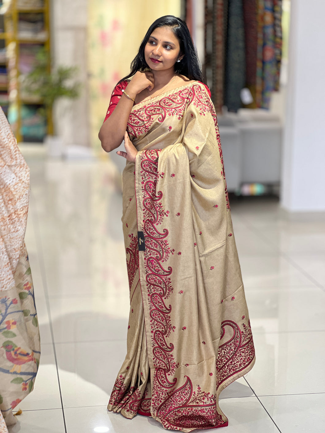 Machine Embroidery Detailed Tussar Saree | SUN488