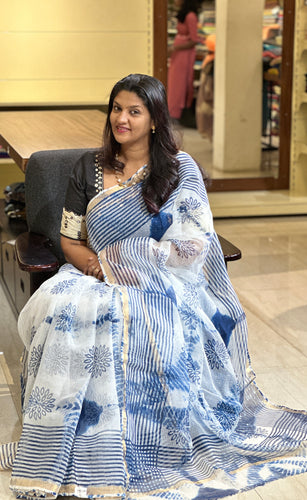 Hand Block Printed Kota Doria Saree | AHR311