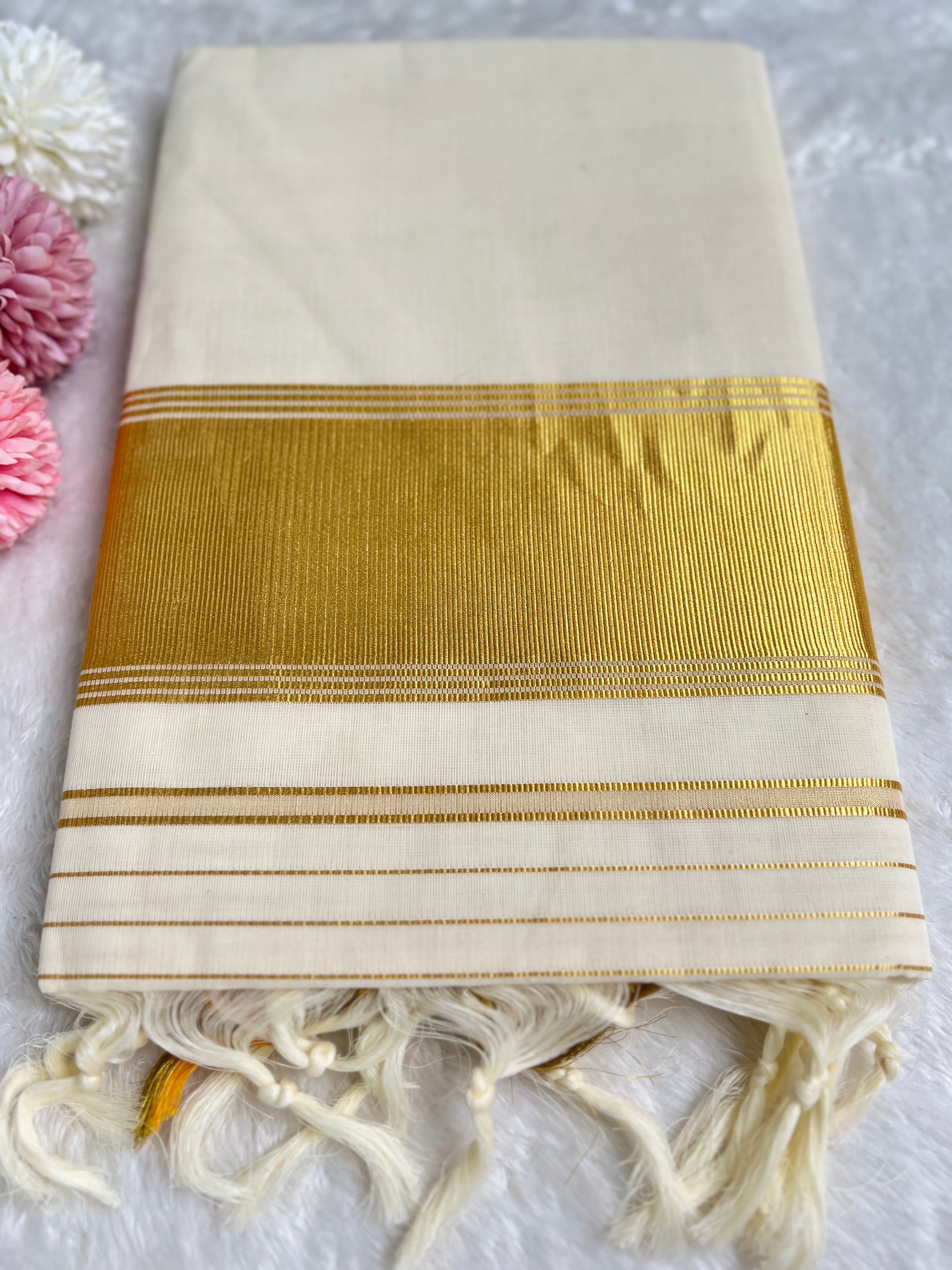 Golden Kasavu Bordered Kerala Cotton  Saree | GAT444
