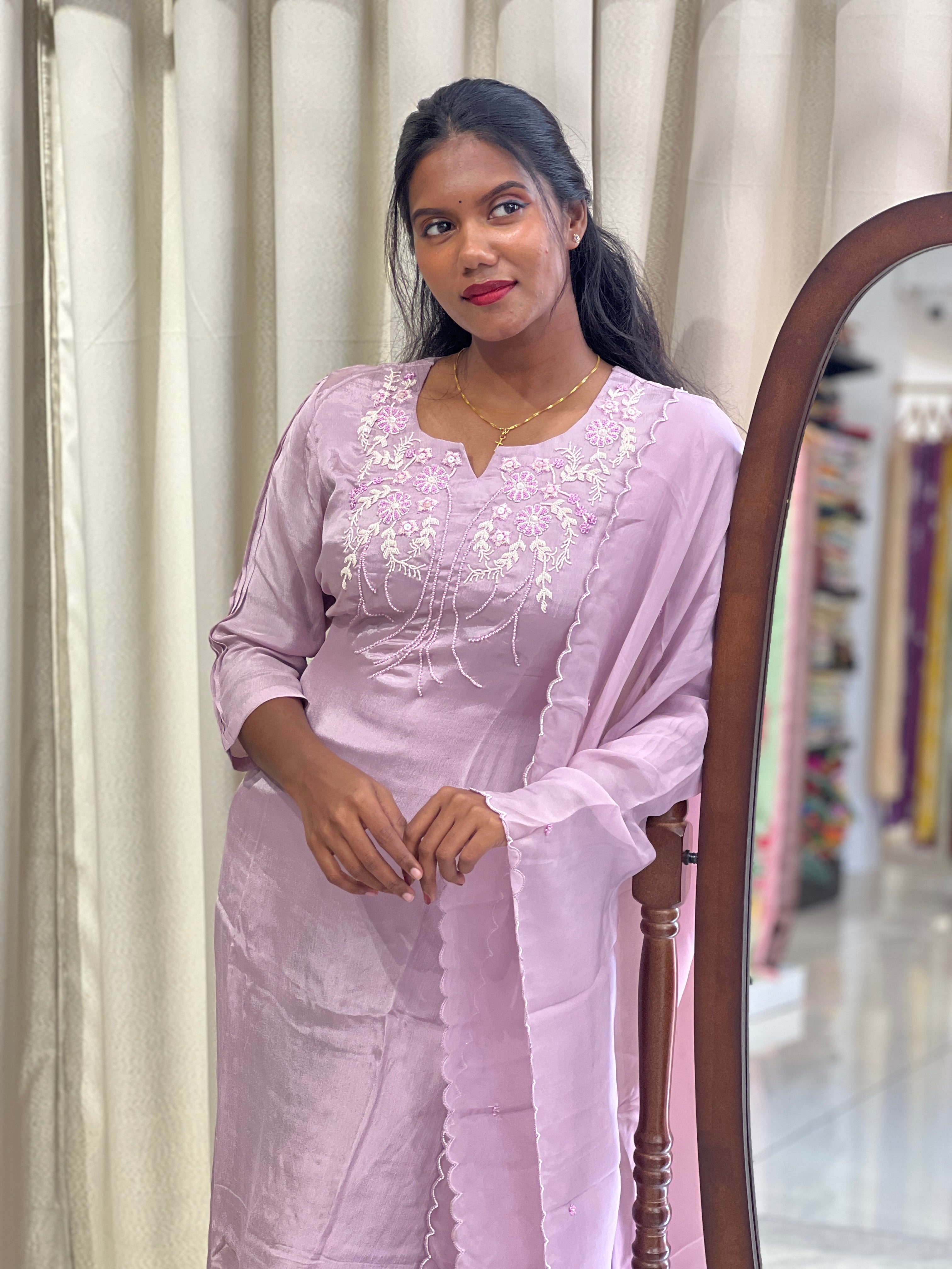 Embroidery Detailed Pure Chinon Kurta Set | ELC111