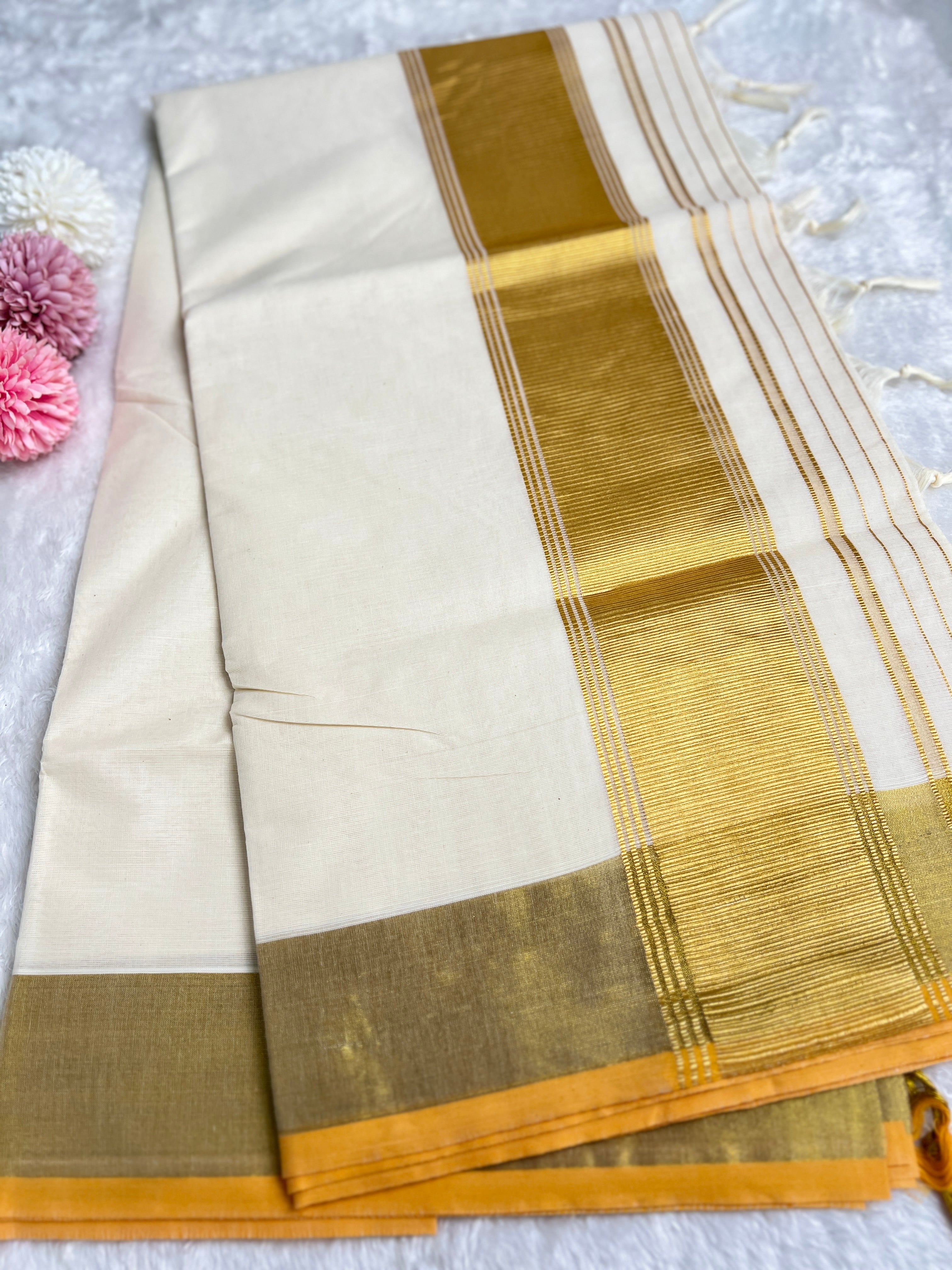 Golden Kasavu Bordered Kerala Cotton  Saree | GAT444