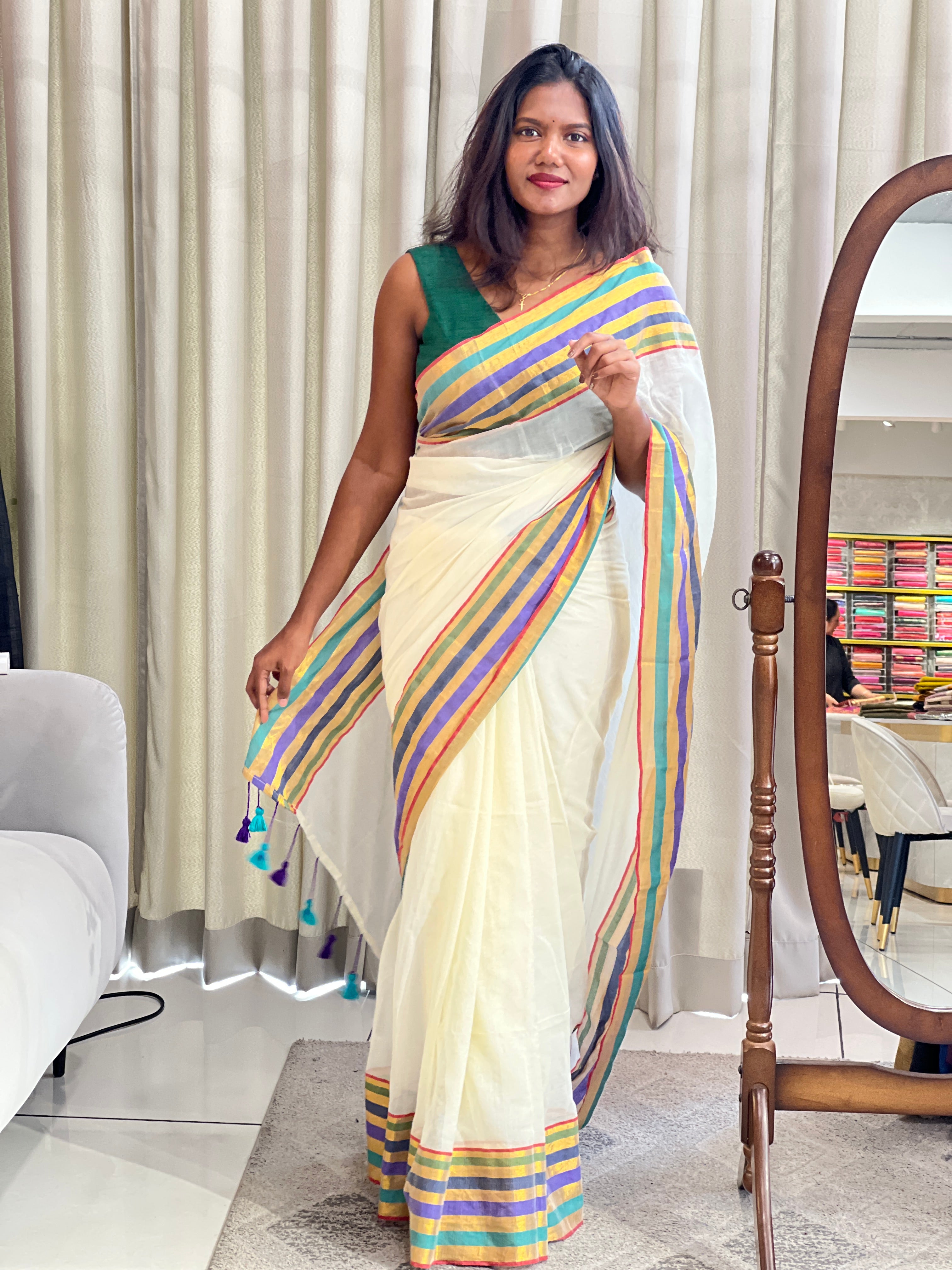 Multi Color Stripe Border Pattern Mul Cotton Saree | SA178
