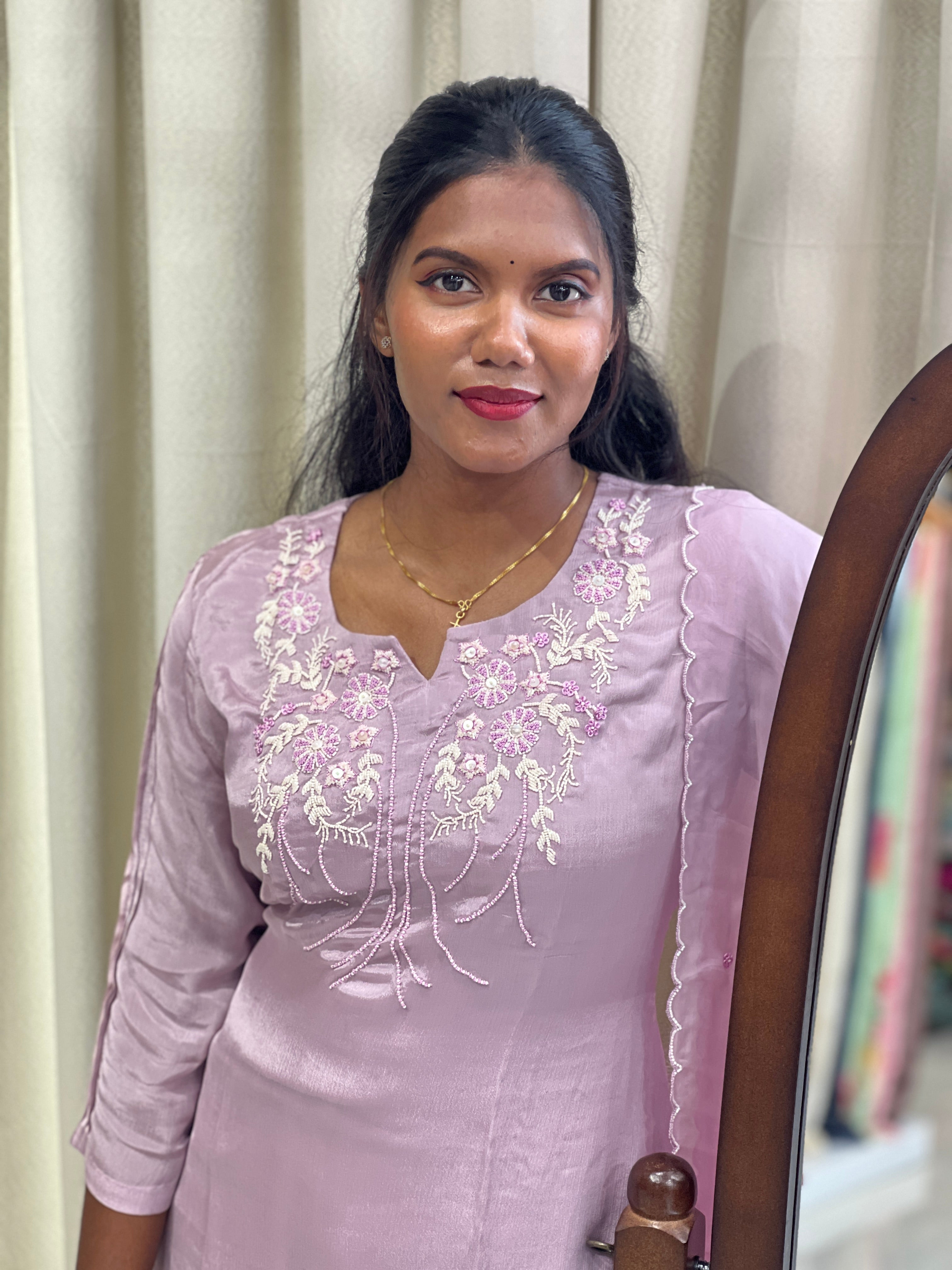 Embroidery Detailed Pure Chinon Kurta Set | ELC111