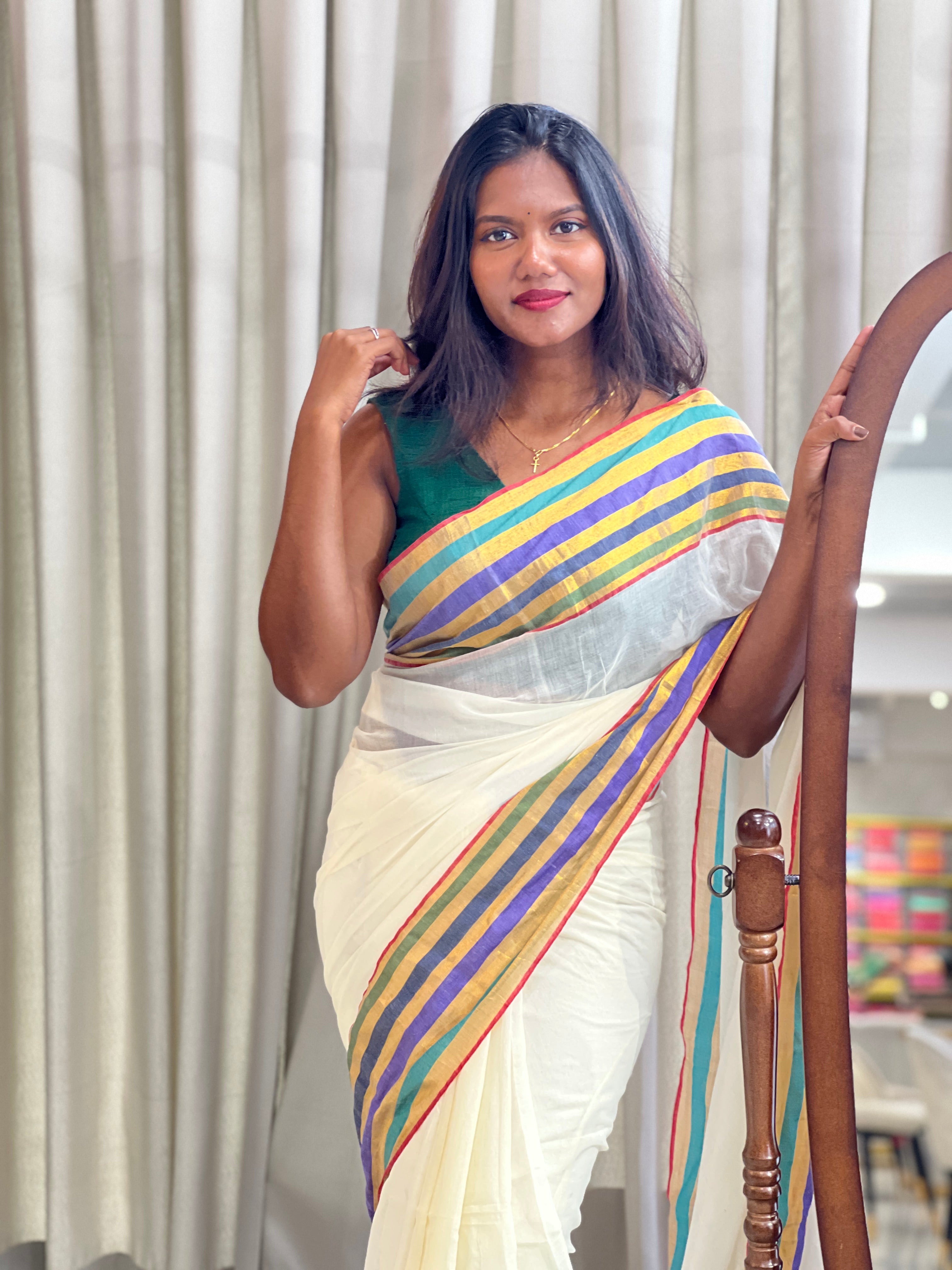 Multi Color Stripe Border Pattern Mul Cotton Saree | SA178