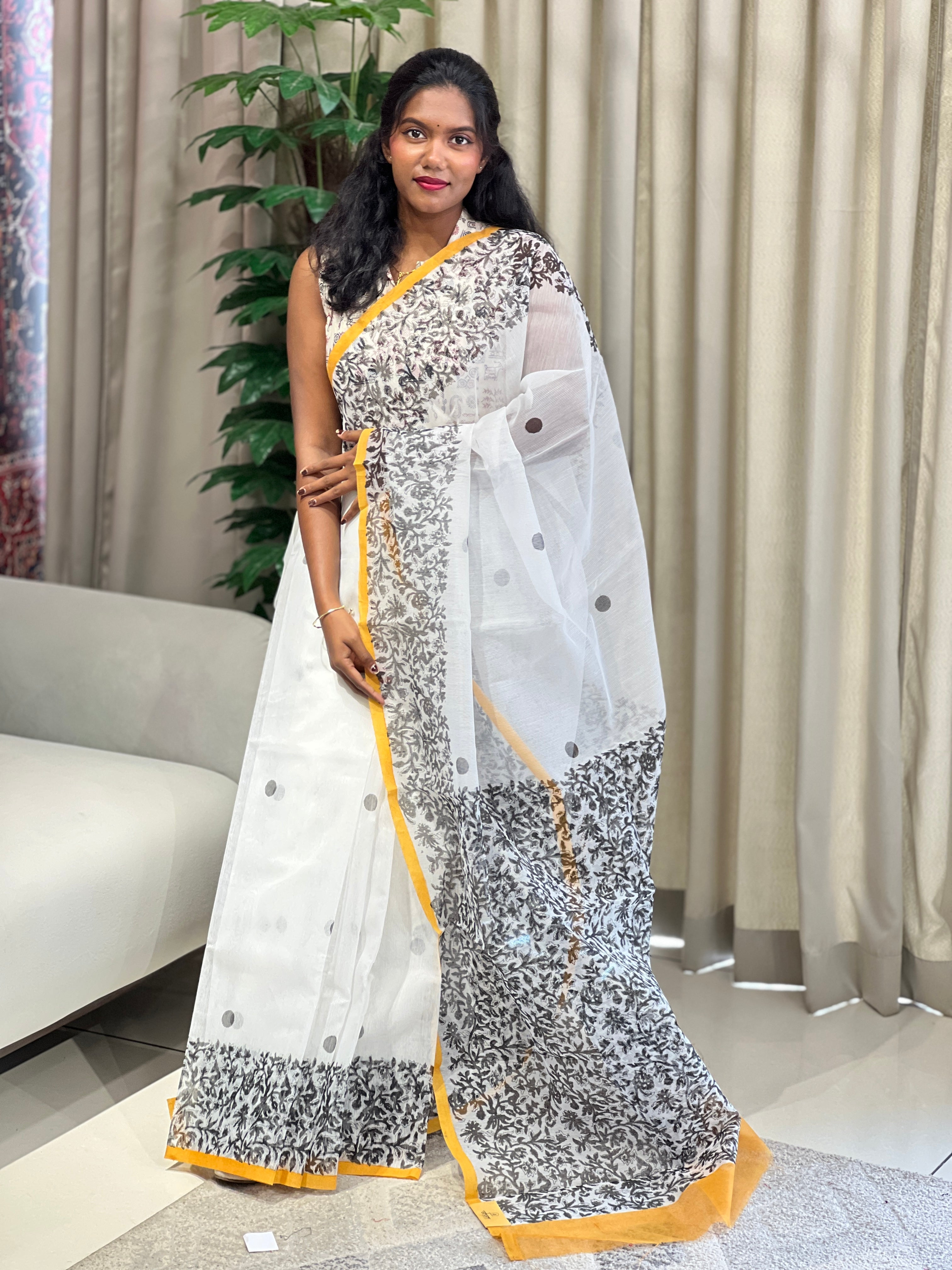 Hand Block Printed Muga Check Organza Saree | JSC428