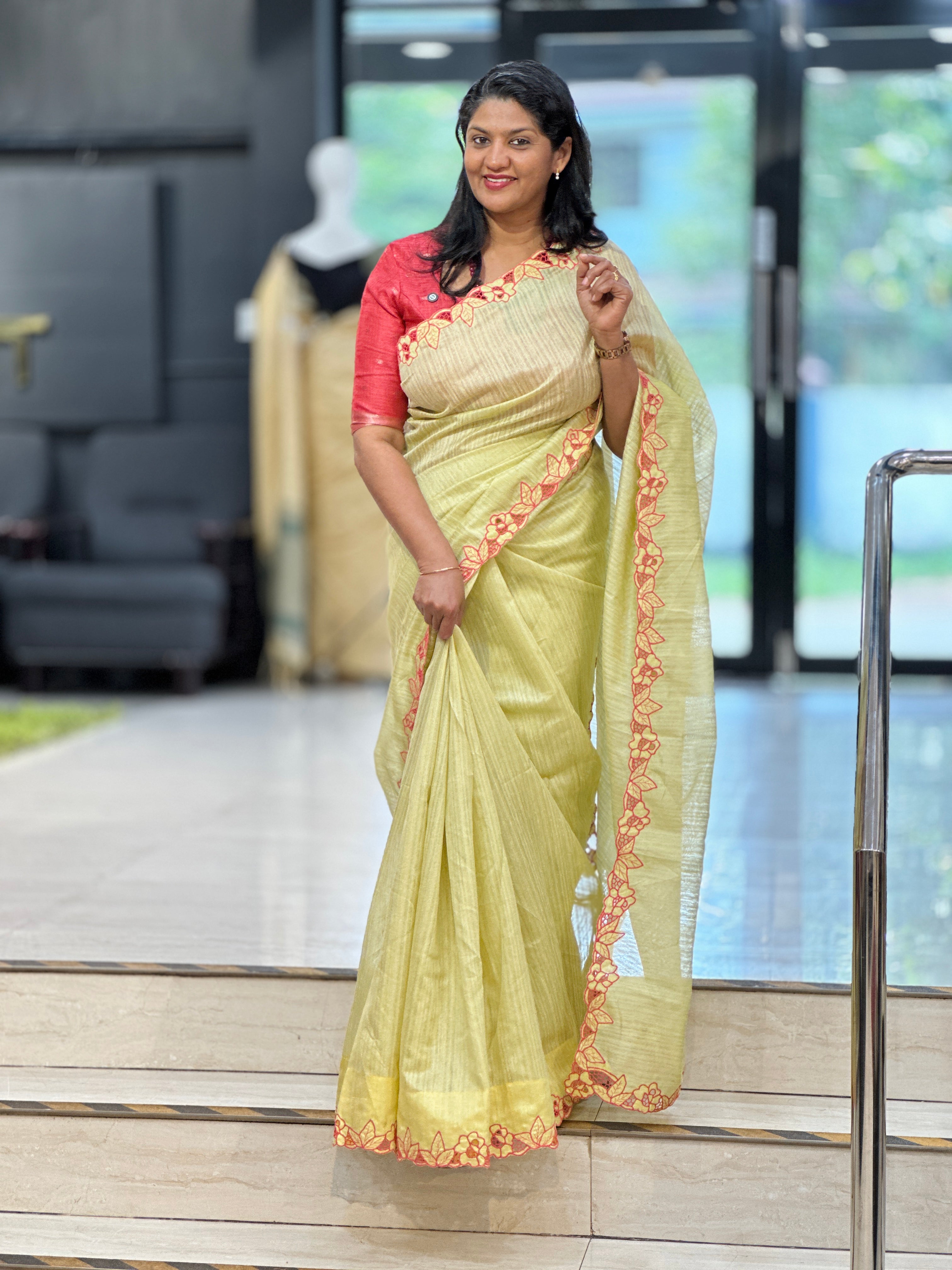 Floral Pattern Twine Cut Work Green Silk Saree | TC498