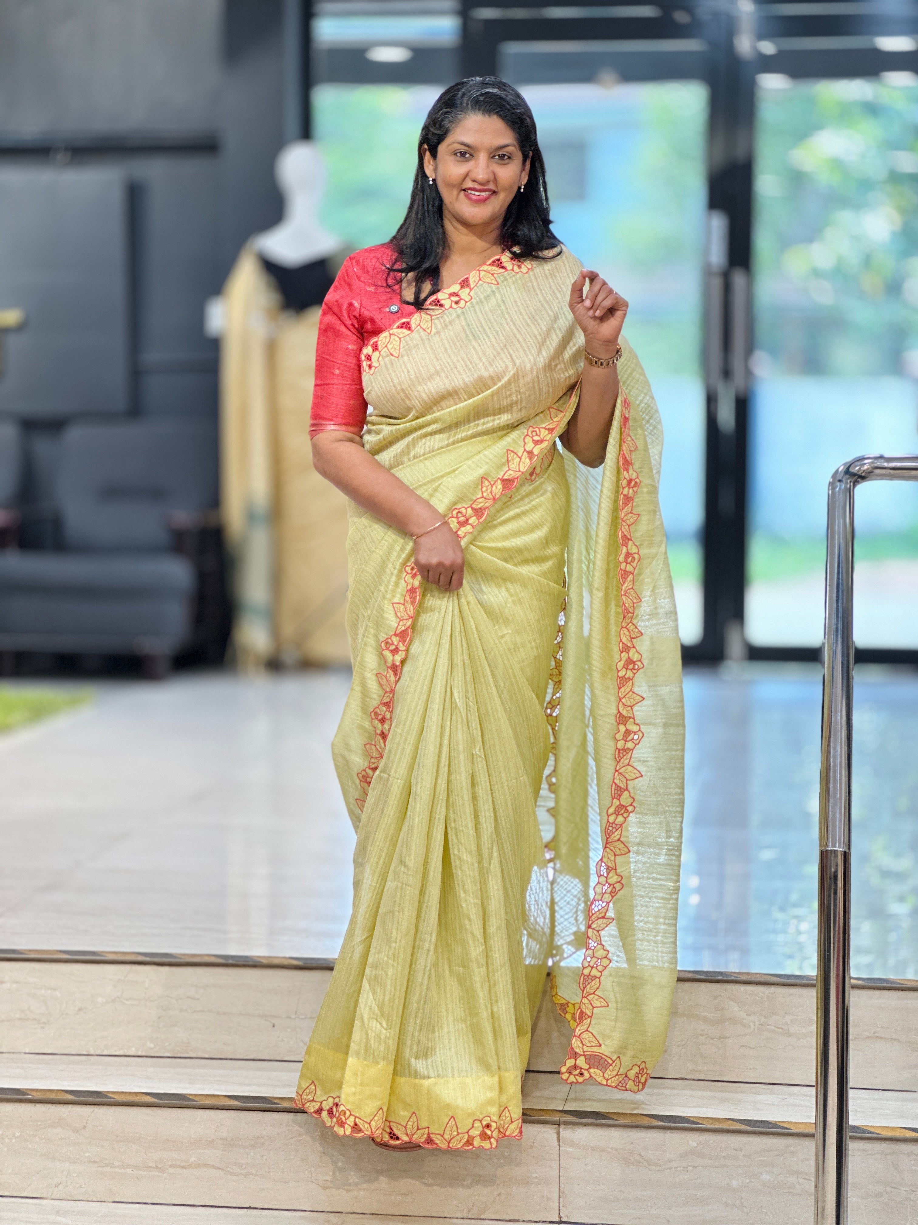 Floral Pattern Twine Cut Work Green Silk Saree | TC498