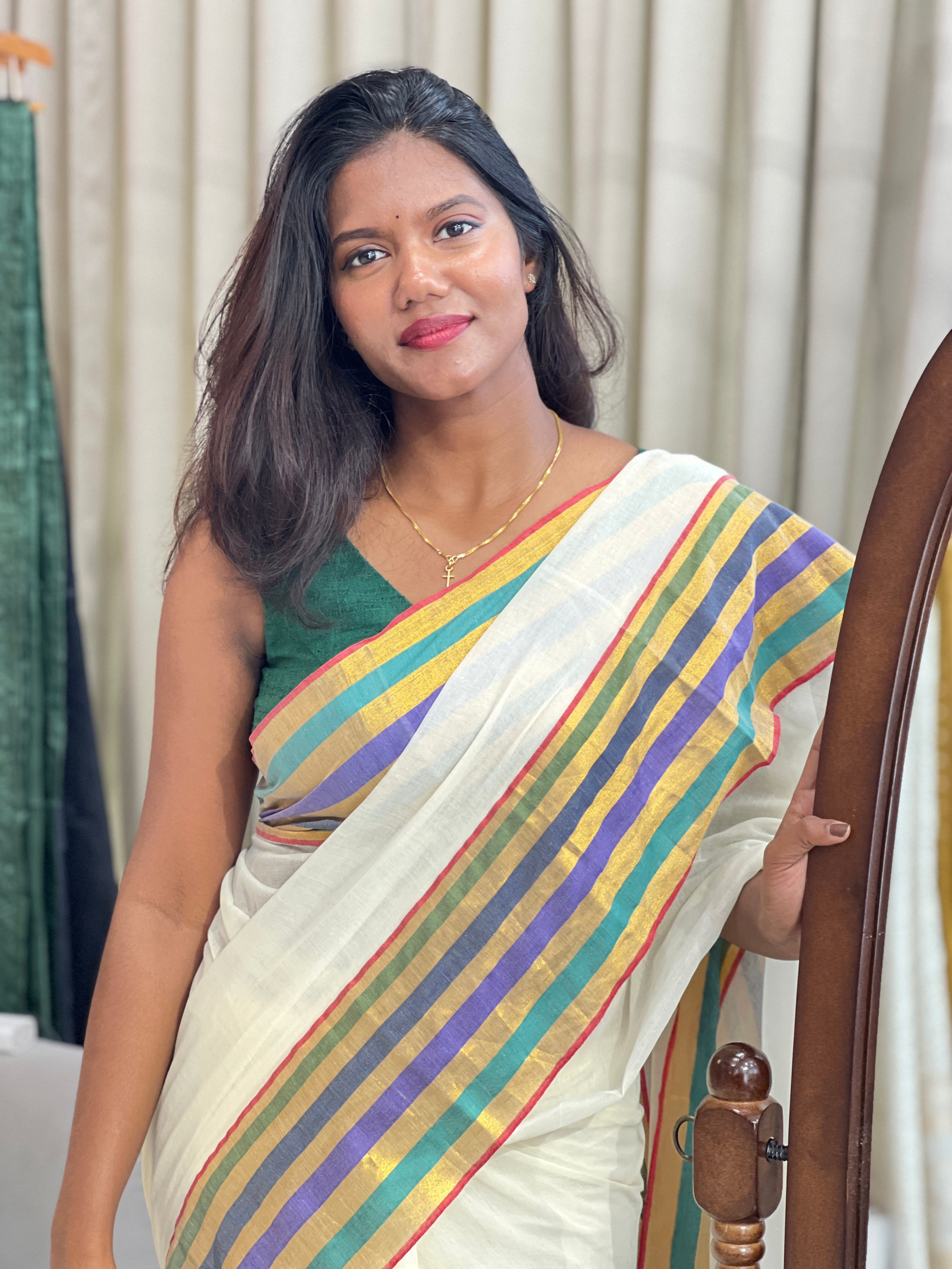 Multi Color Stripe Border Pattern Mul Cotton Saree | SA178