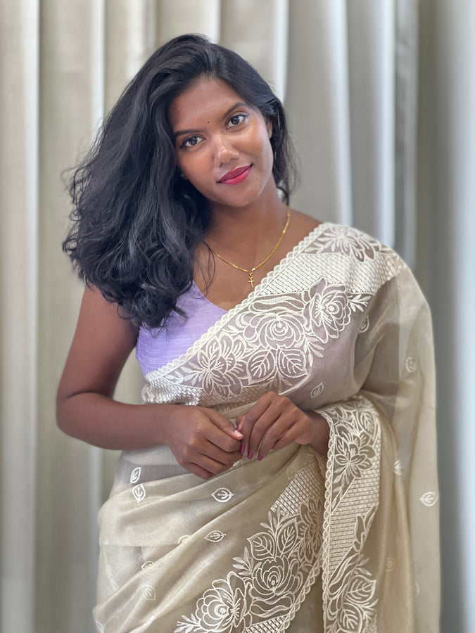 Point Embroidery Detailed Viscose Organza Saree | SUN511