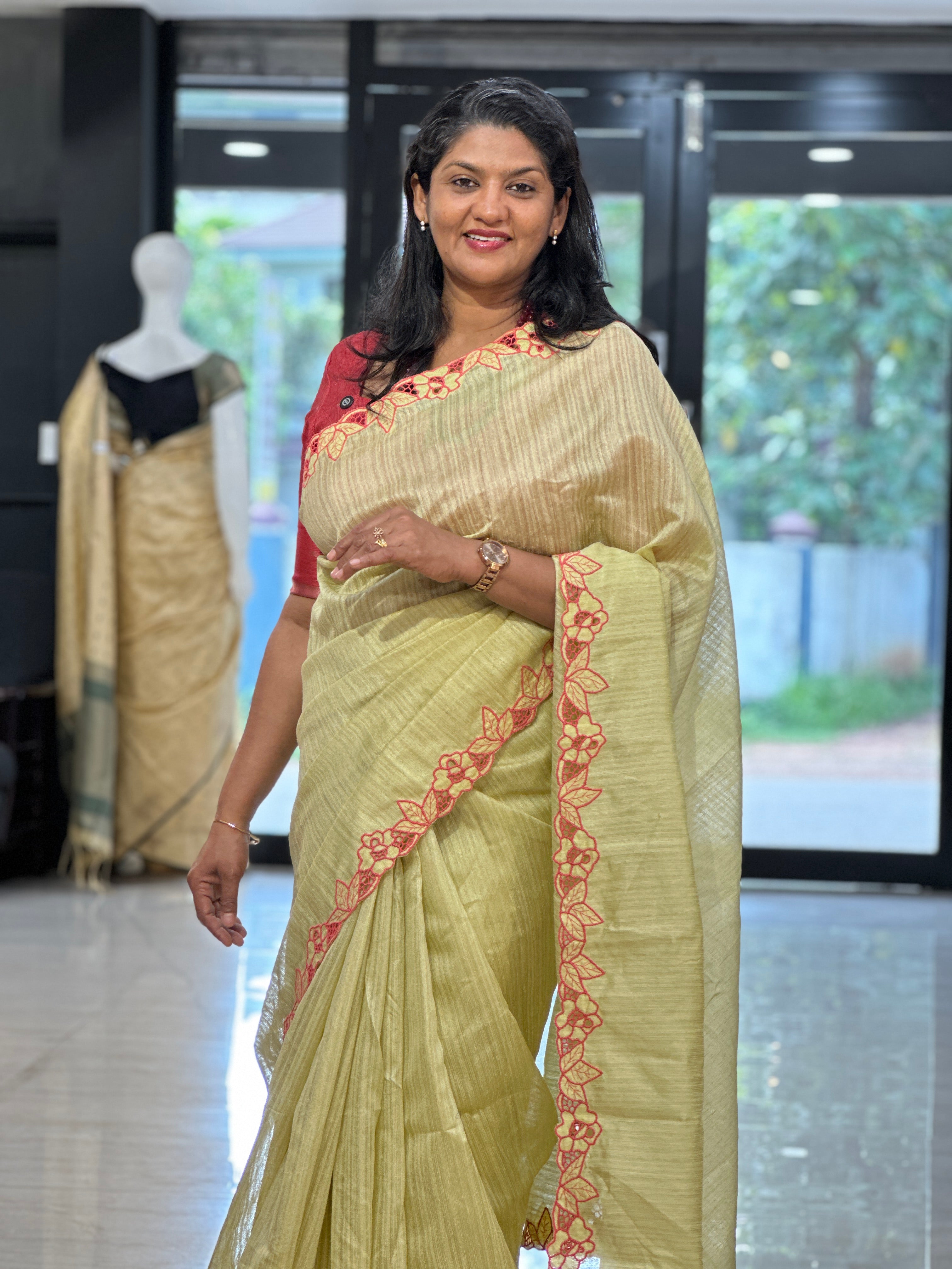 Floral Pattern Twine Cut Work Green Silk Saree | TC498