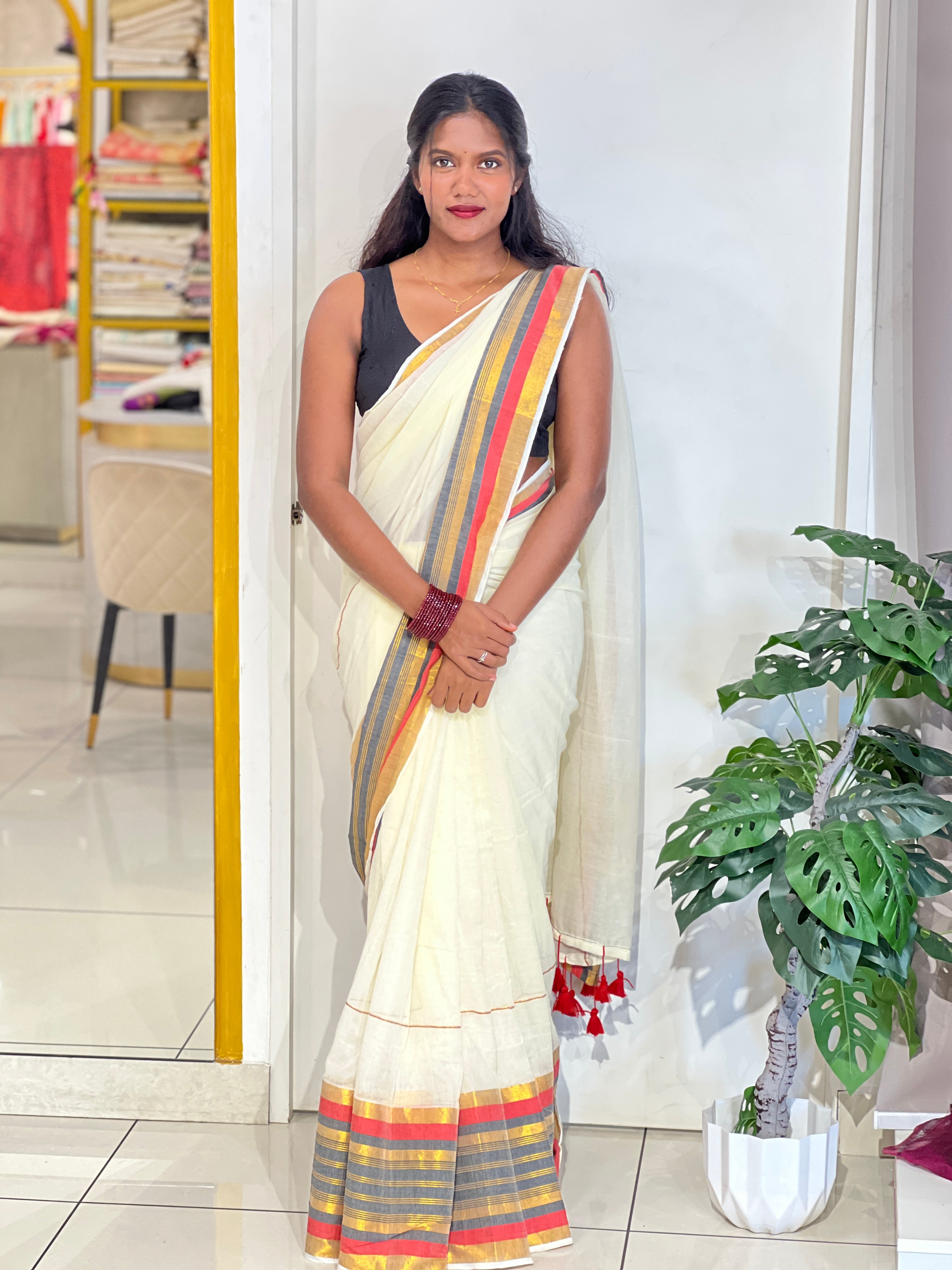 Multi Color Stripe Border Pattern Mul Cotton Saree | SA180
