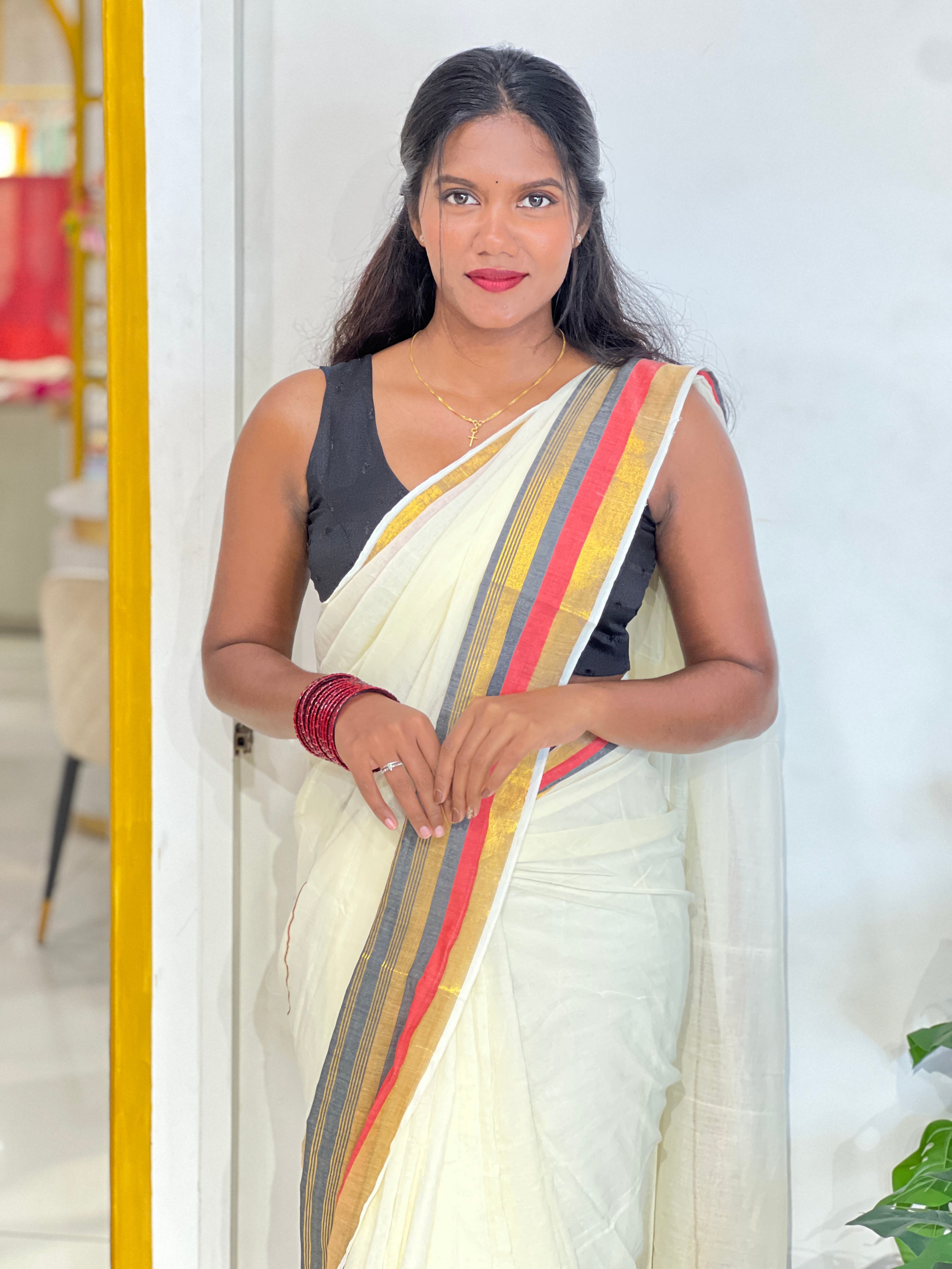 Multi Color Stripe Border Pattern Mul Cotton Saree | SA180