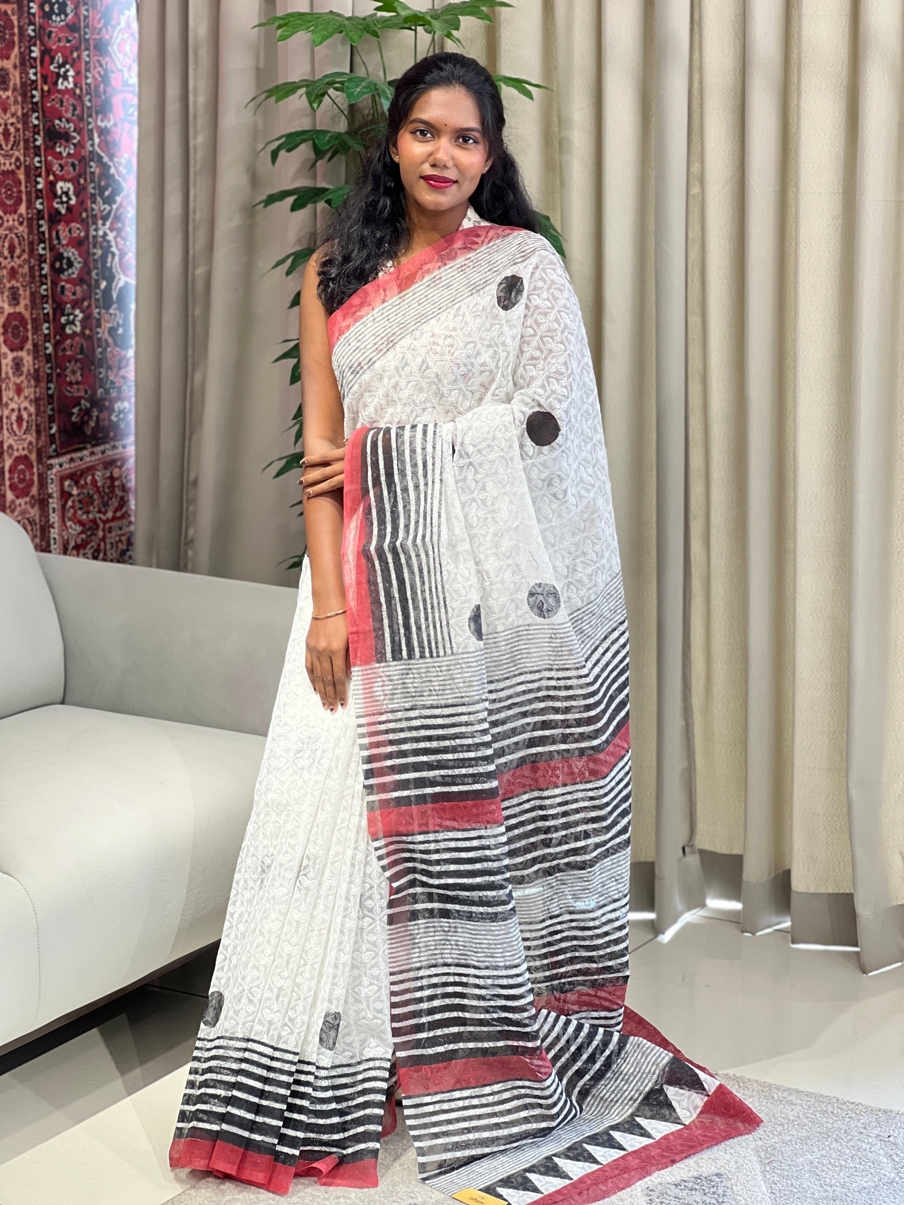 Block Printed Muga Check Organza Saree | JSC466