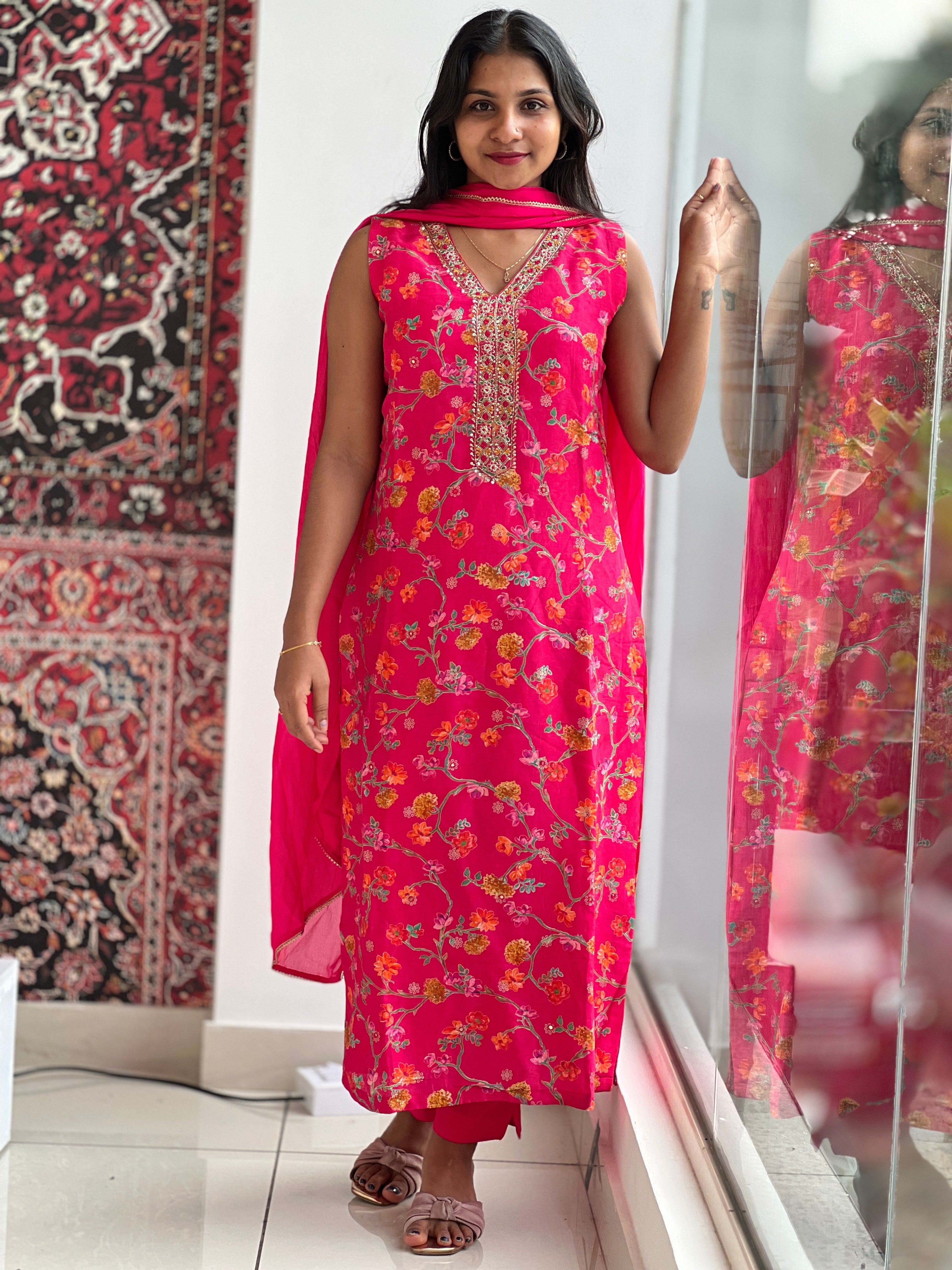 Floral Printed Semi Silk Kurta Set | DS109