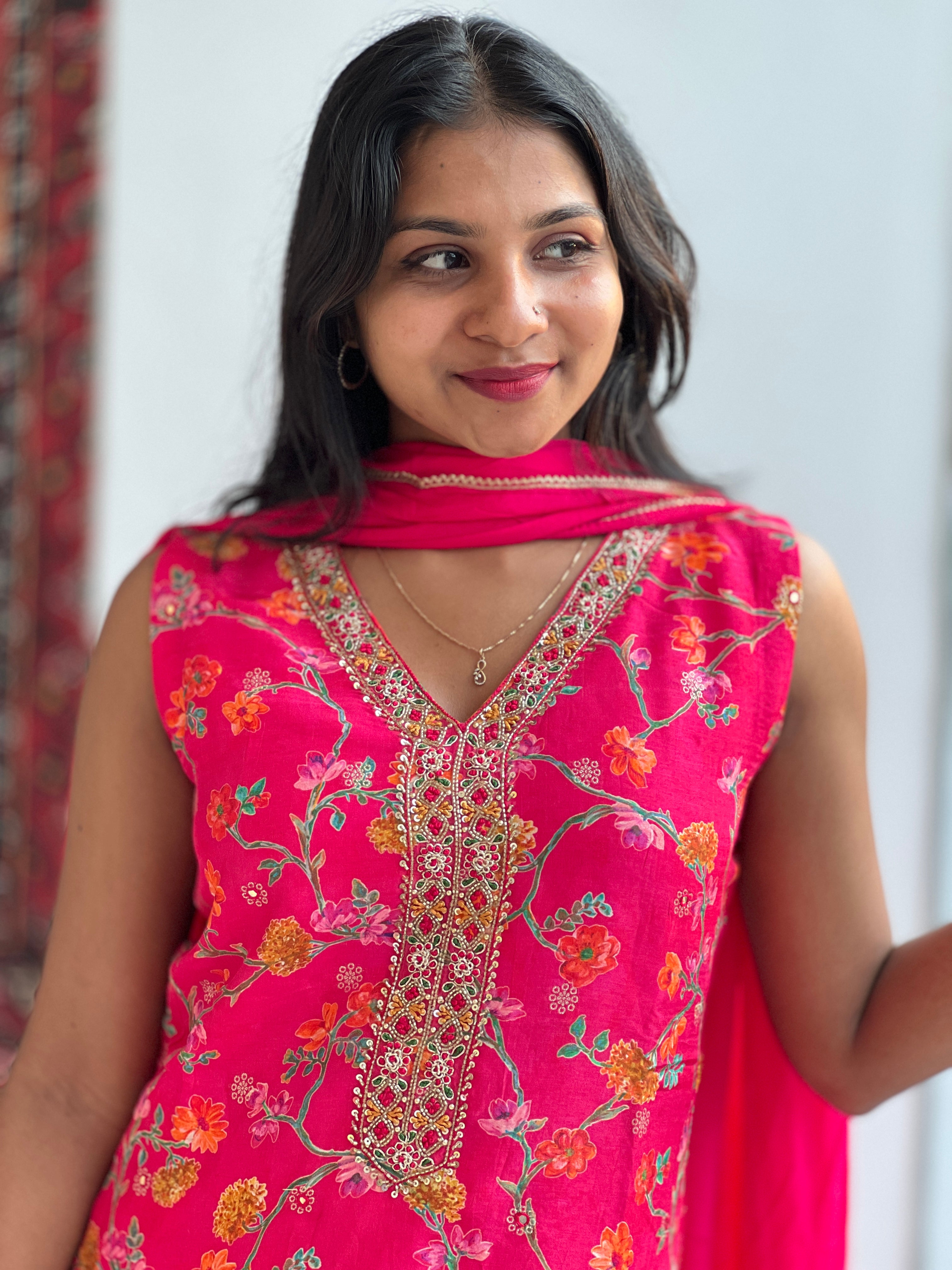Floral Printed Semi Silk Kurta Set | DS109