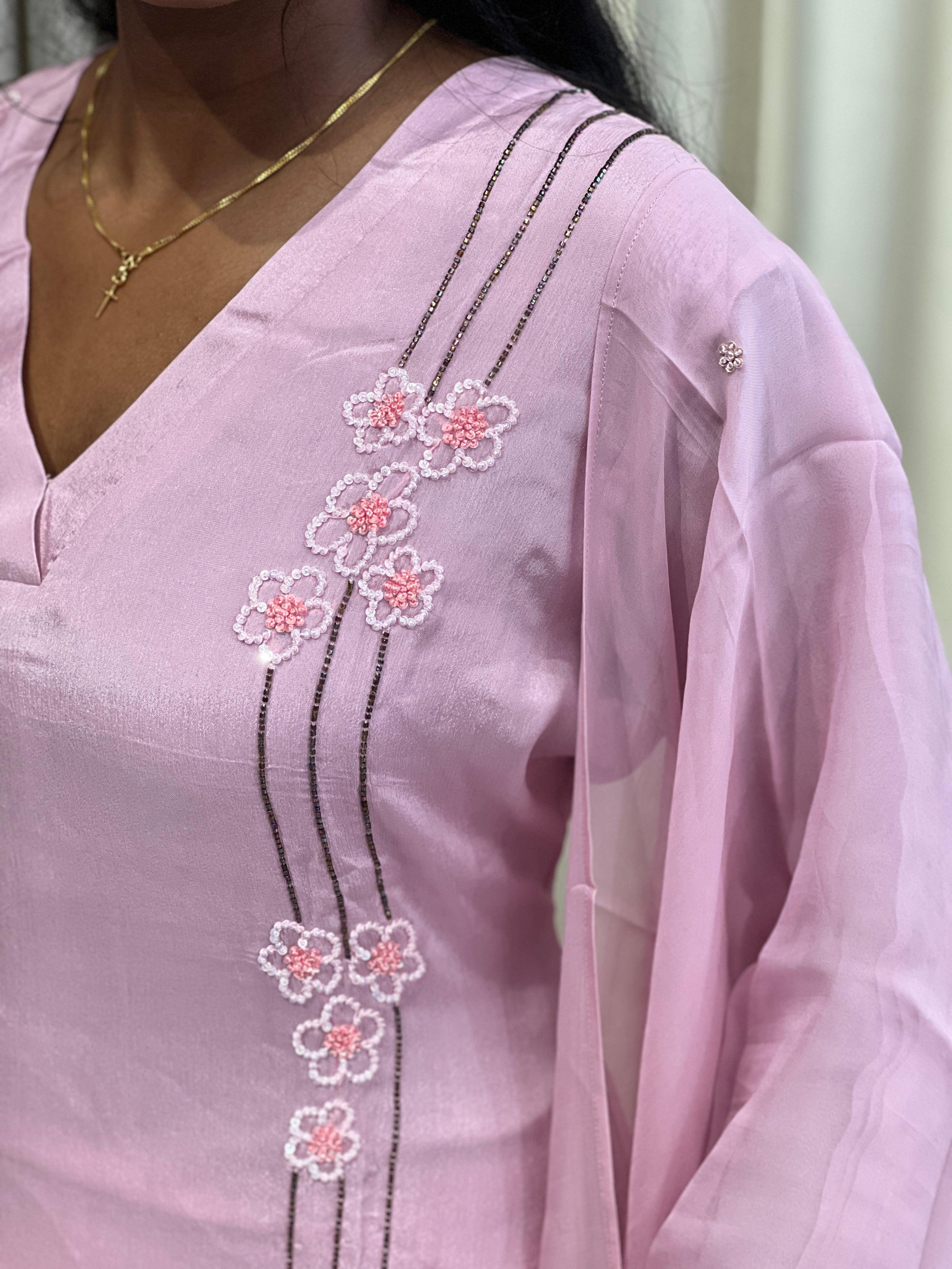 Floral Hand Embroidered Crepe Silk Kurta Set | ELC108