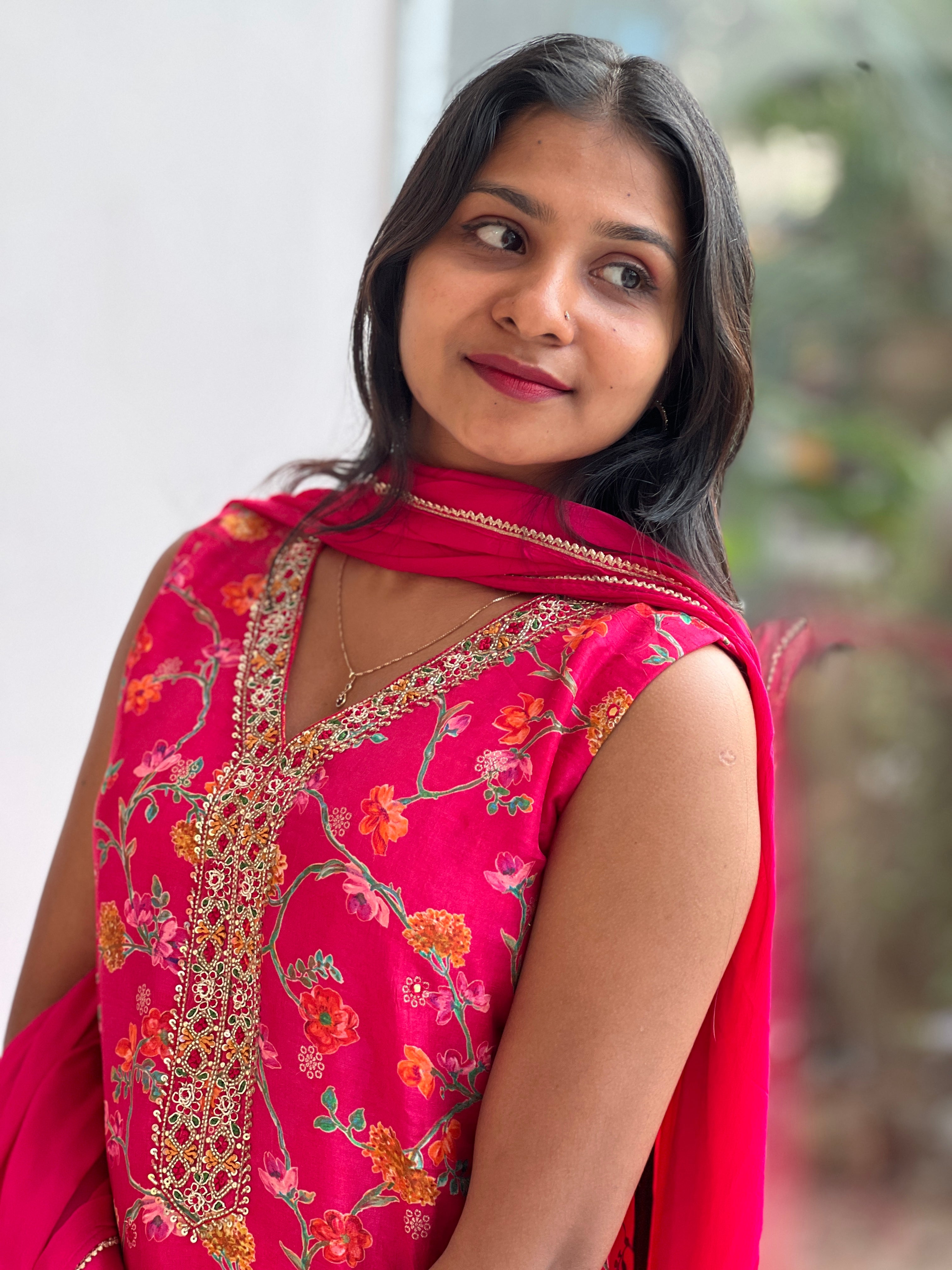 Floral Printed Semi Silk Kurta Set | DS109