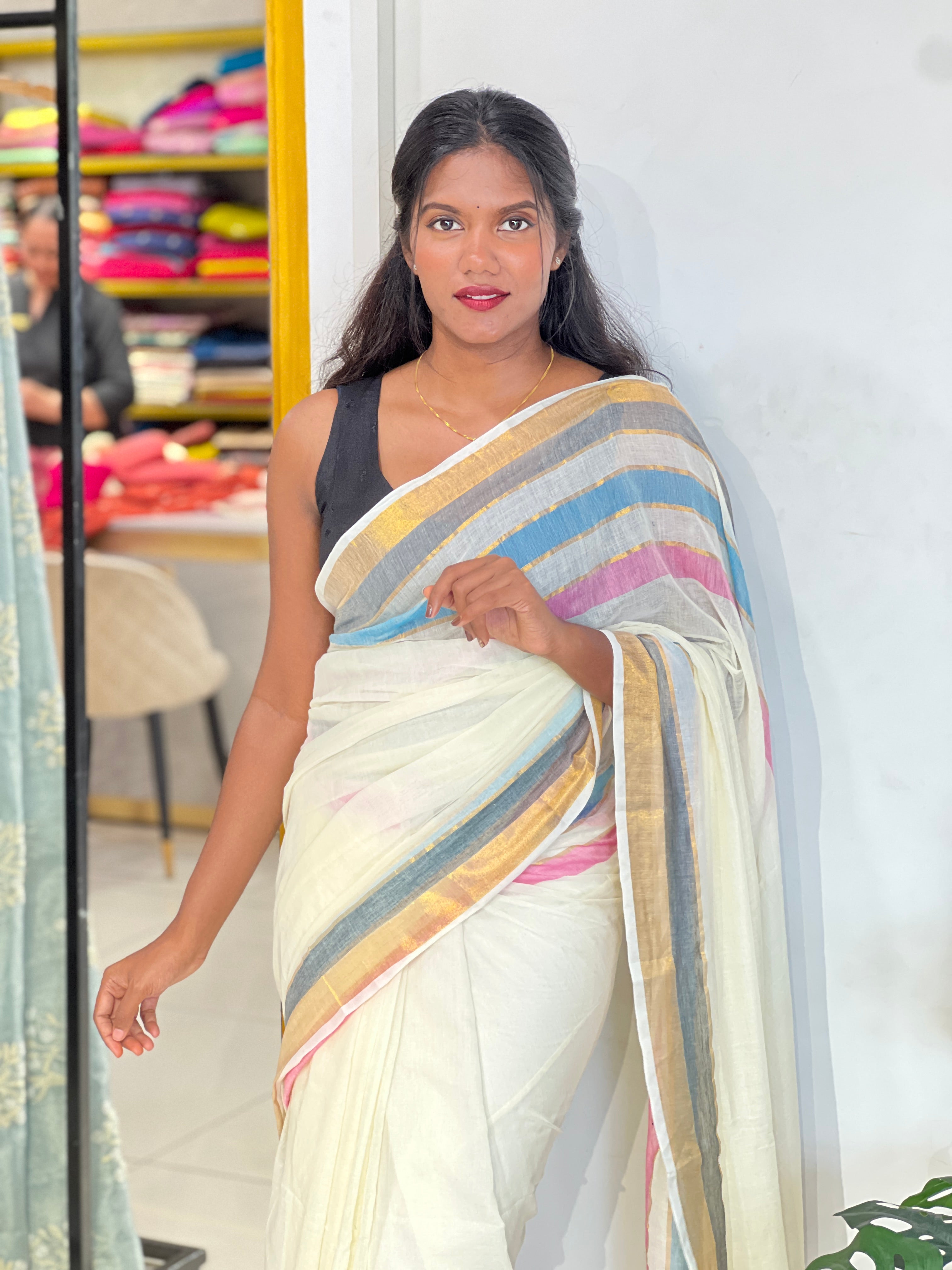 Multi Color Stripe Border Pattern Mul Cotton Saree | SA181