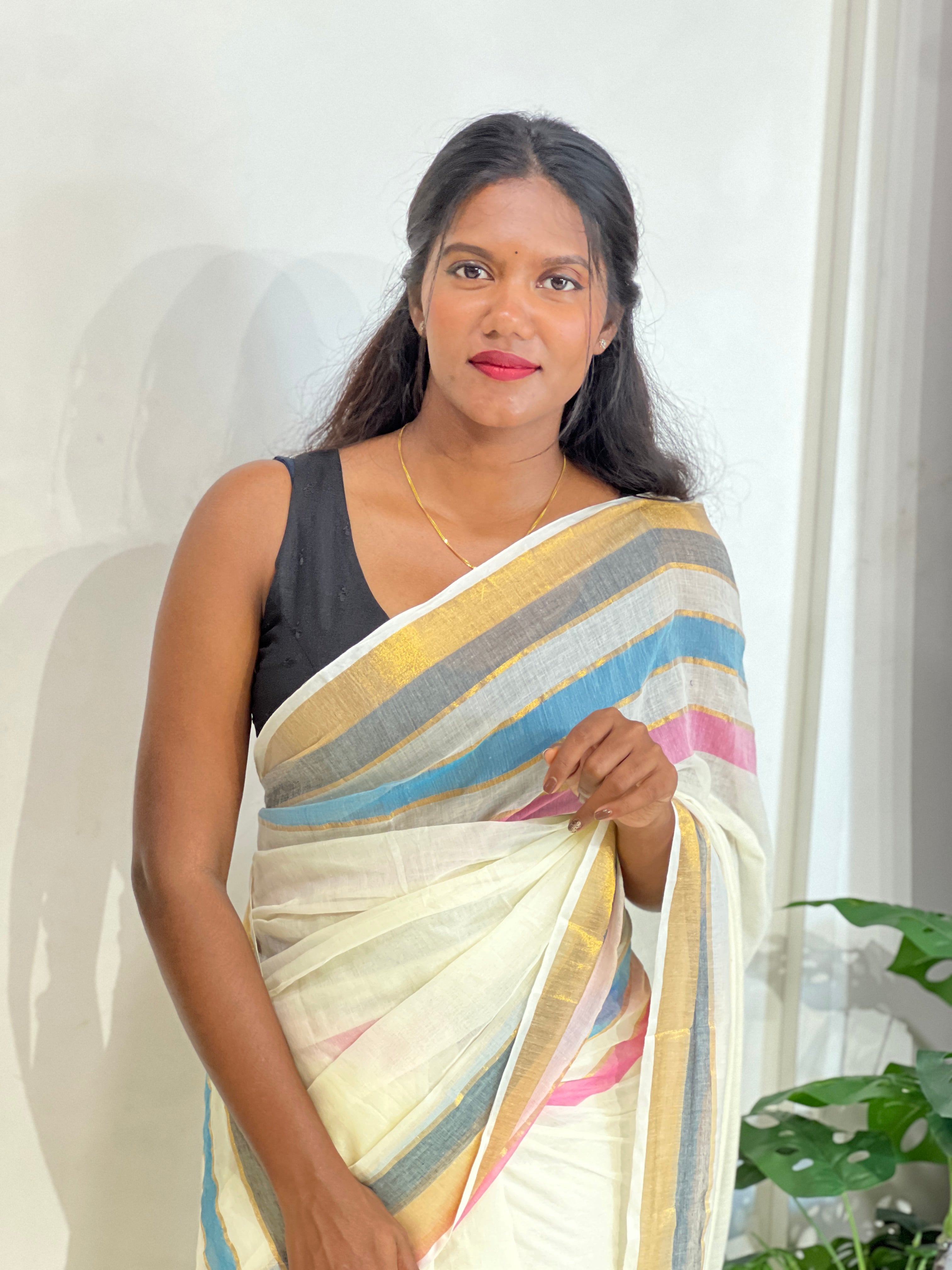 Multi Color Stripe Border Pattern Mul Cotton Saree | SA181