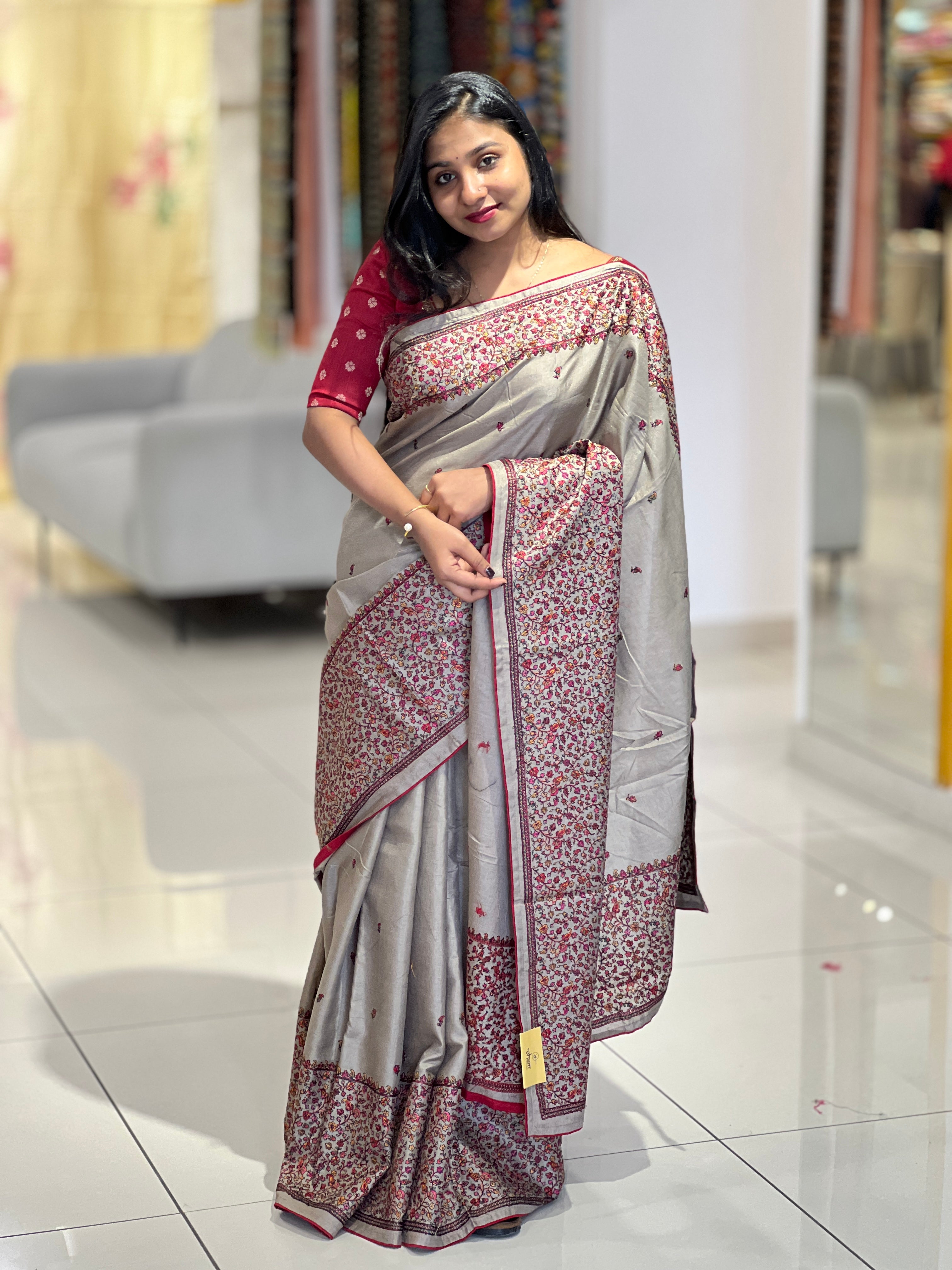 Multi-Colour Embroidery Detailed Semi Tussar Saree | SUN471