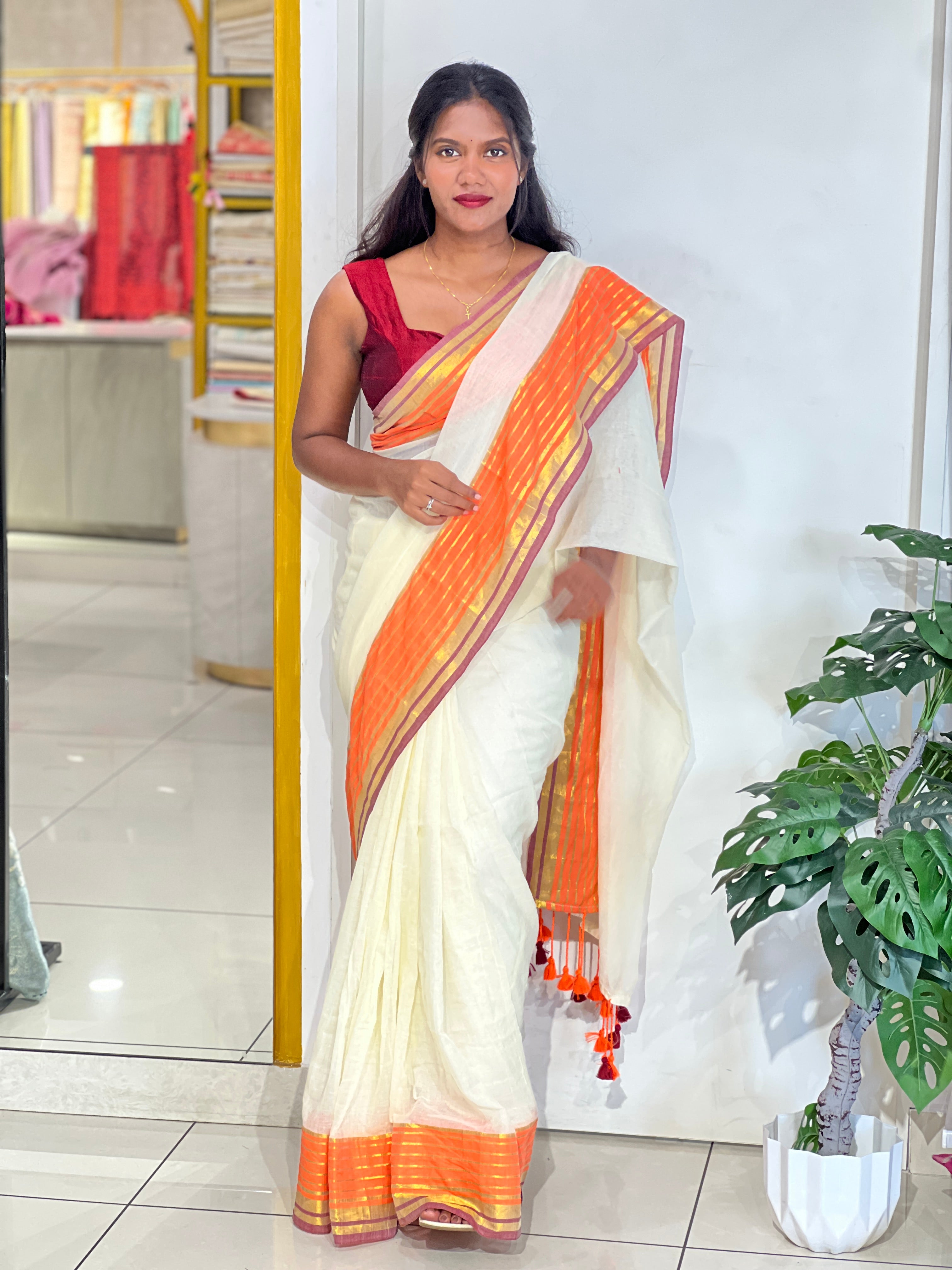 Multi Color Stripe Border Pattern Mul Cotton Saree | SA179