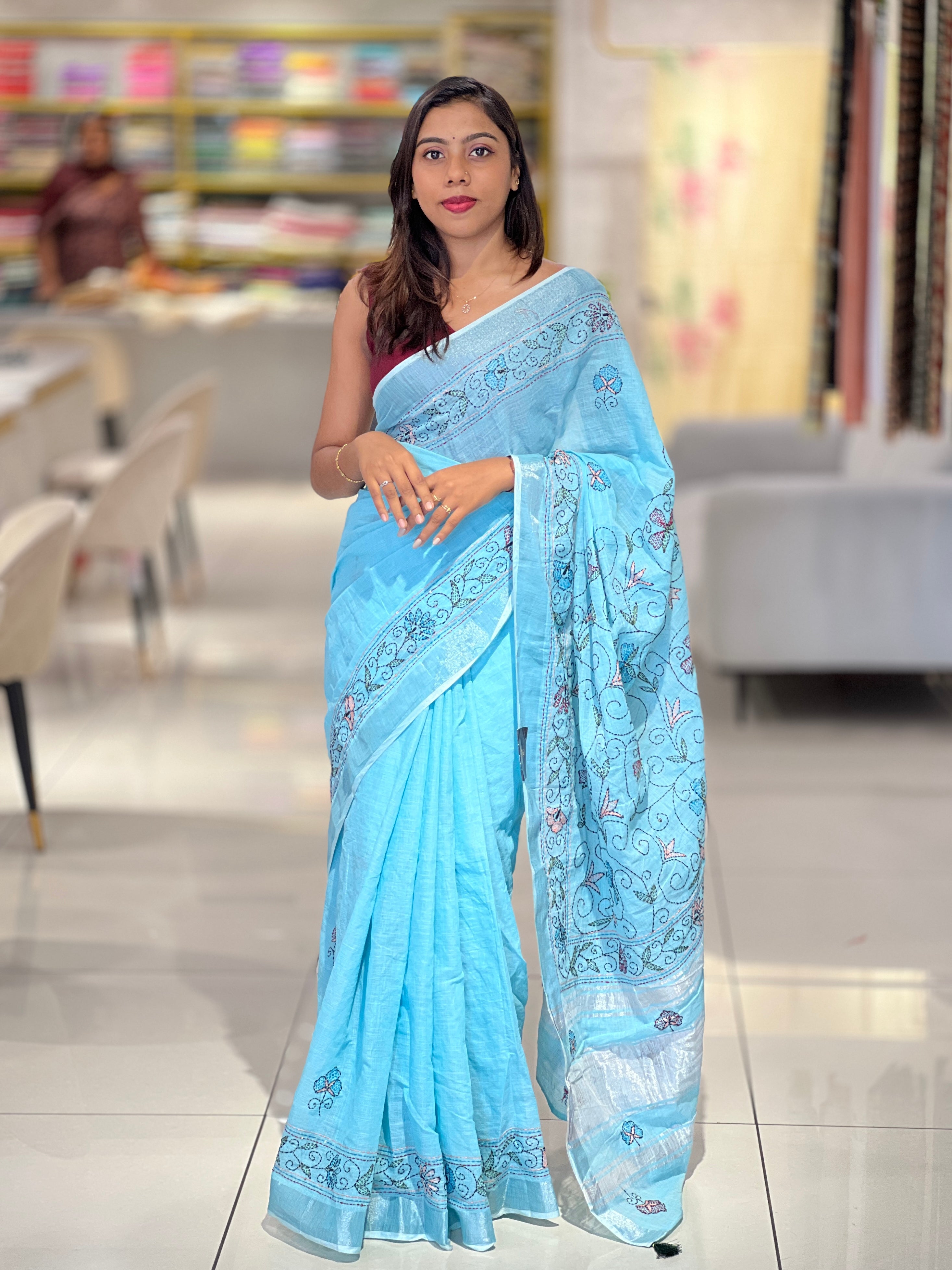 Hand Kantha Detailed Linen Saree | RP753