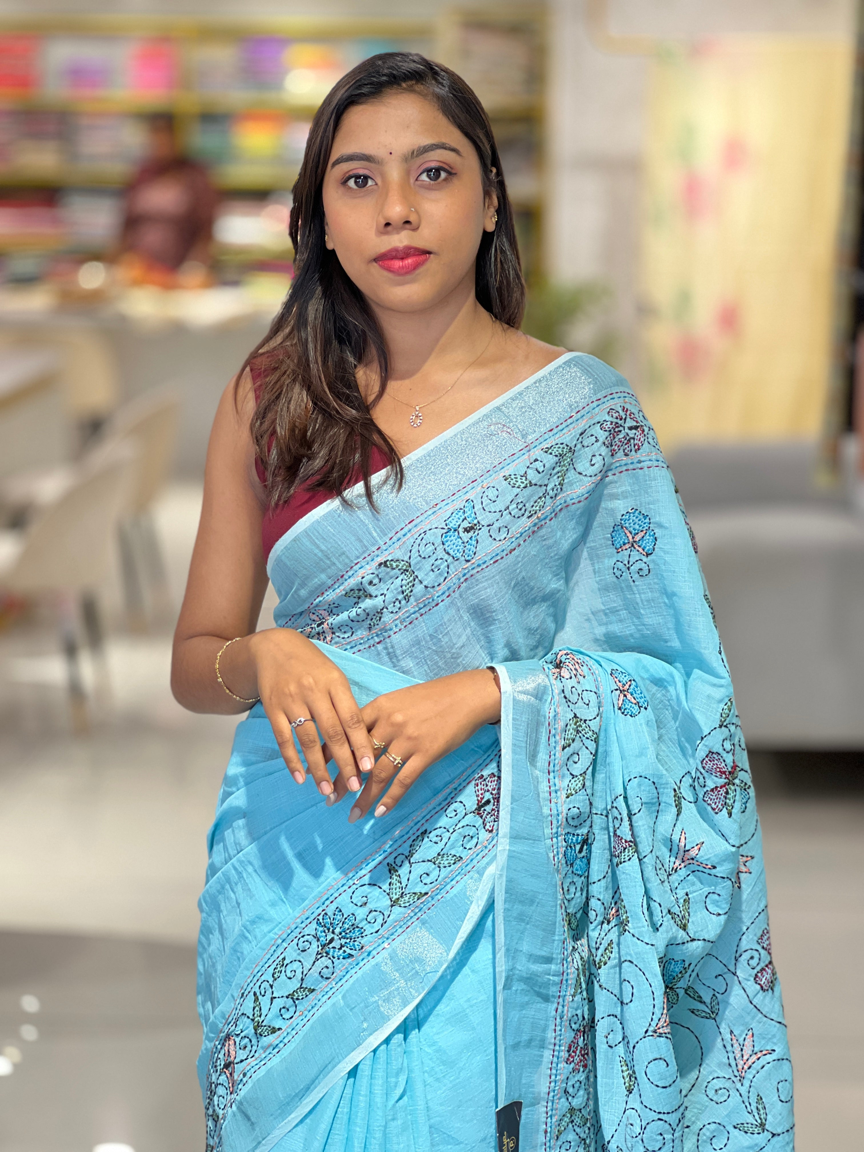 Hand Kantha Detailed Linen Saree | RP753