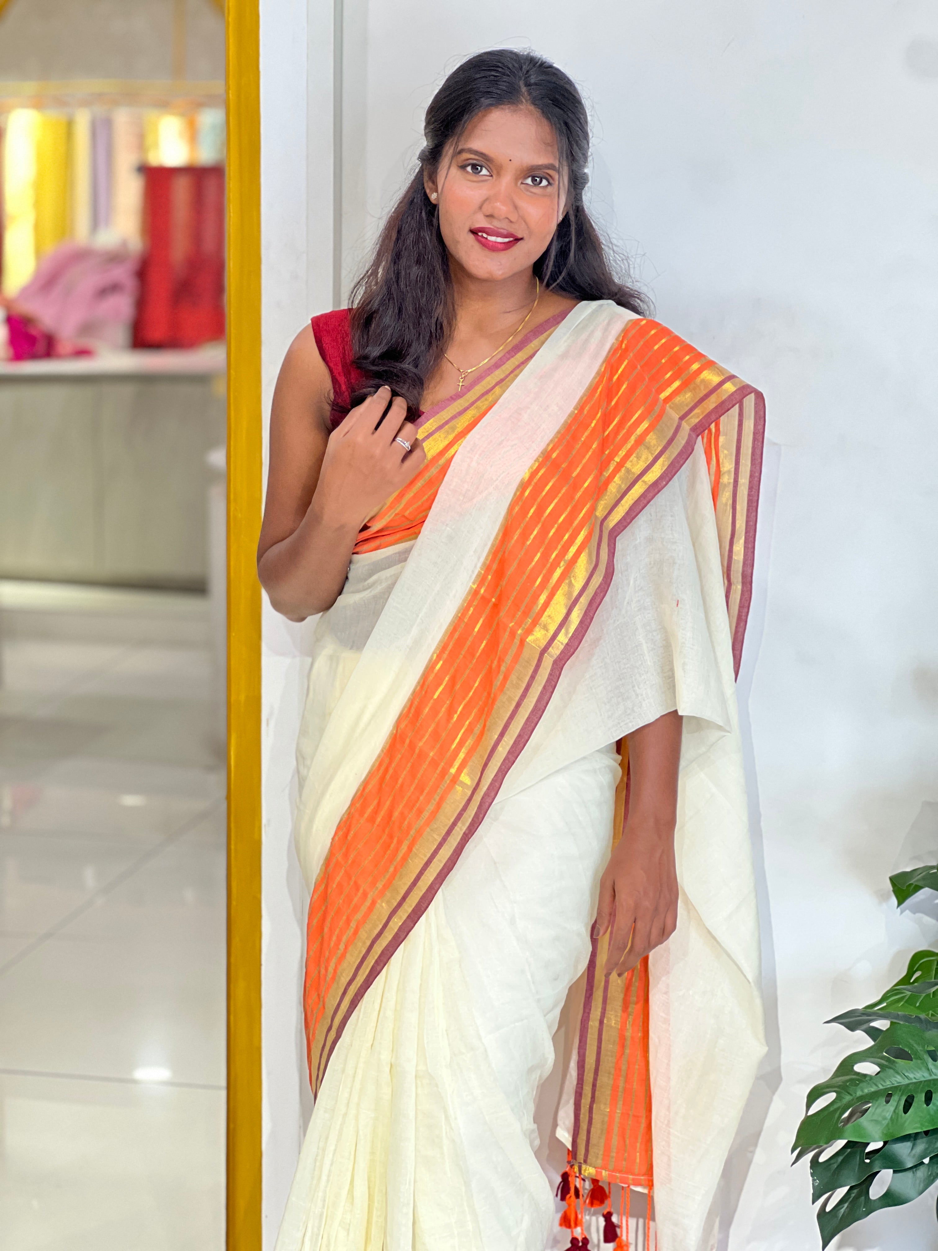 Multi Color Stripe Border Pattern Mul Cotton Saree | SA179