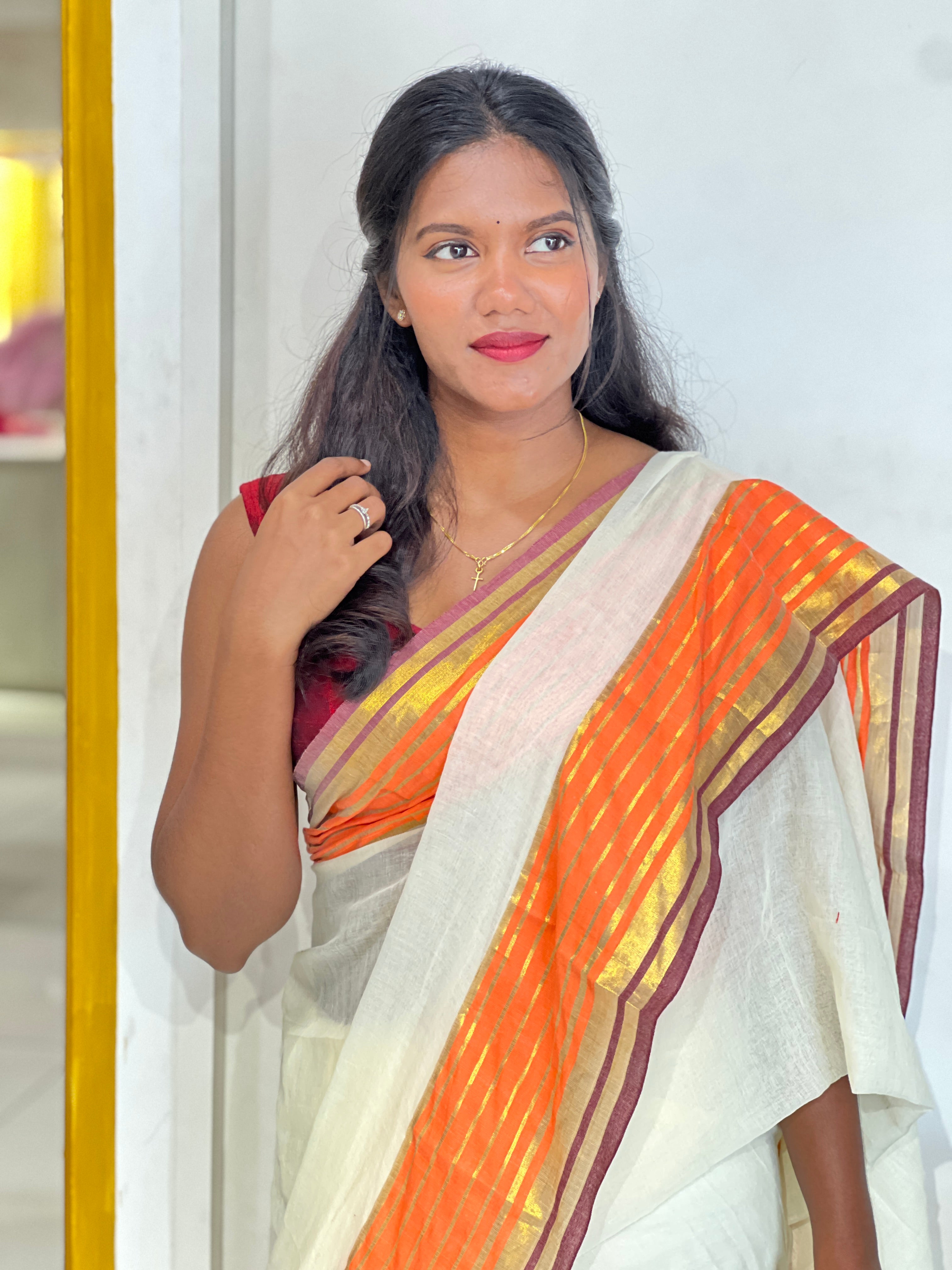 Multi Color Stripe Border Pattern Mul Cotton Saree | SA179
