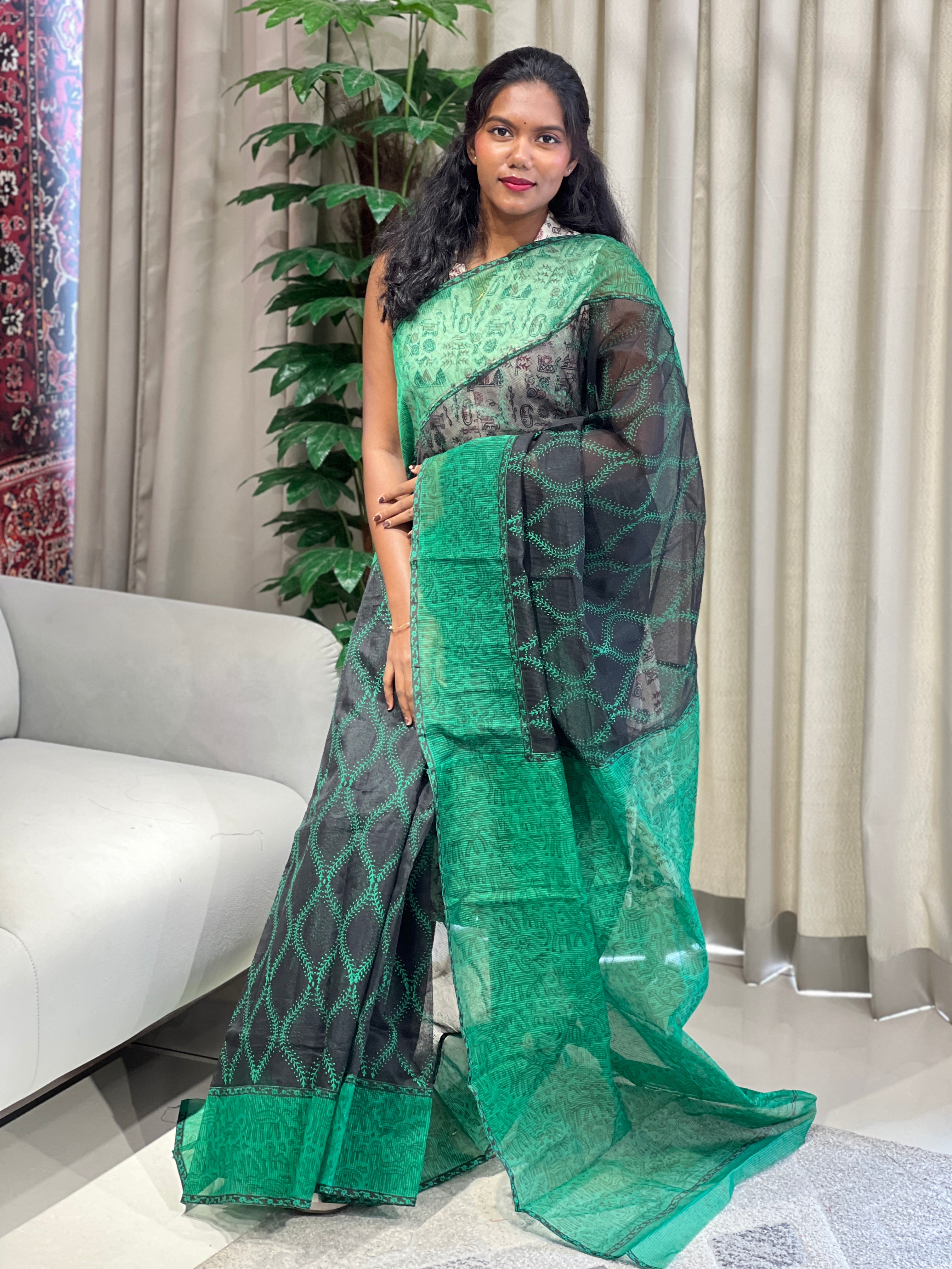 Hand Block Printed Muga Check Organza Saree | JSC436