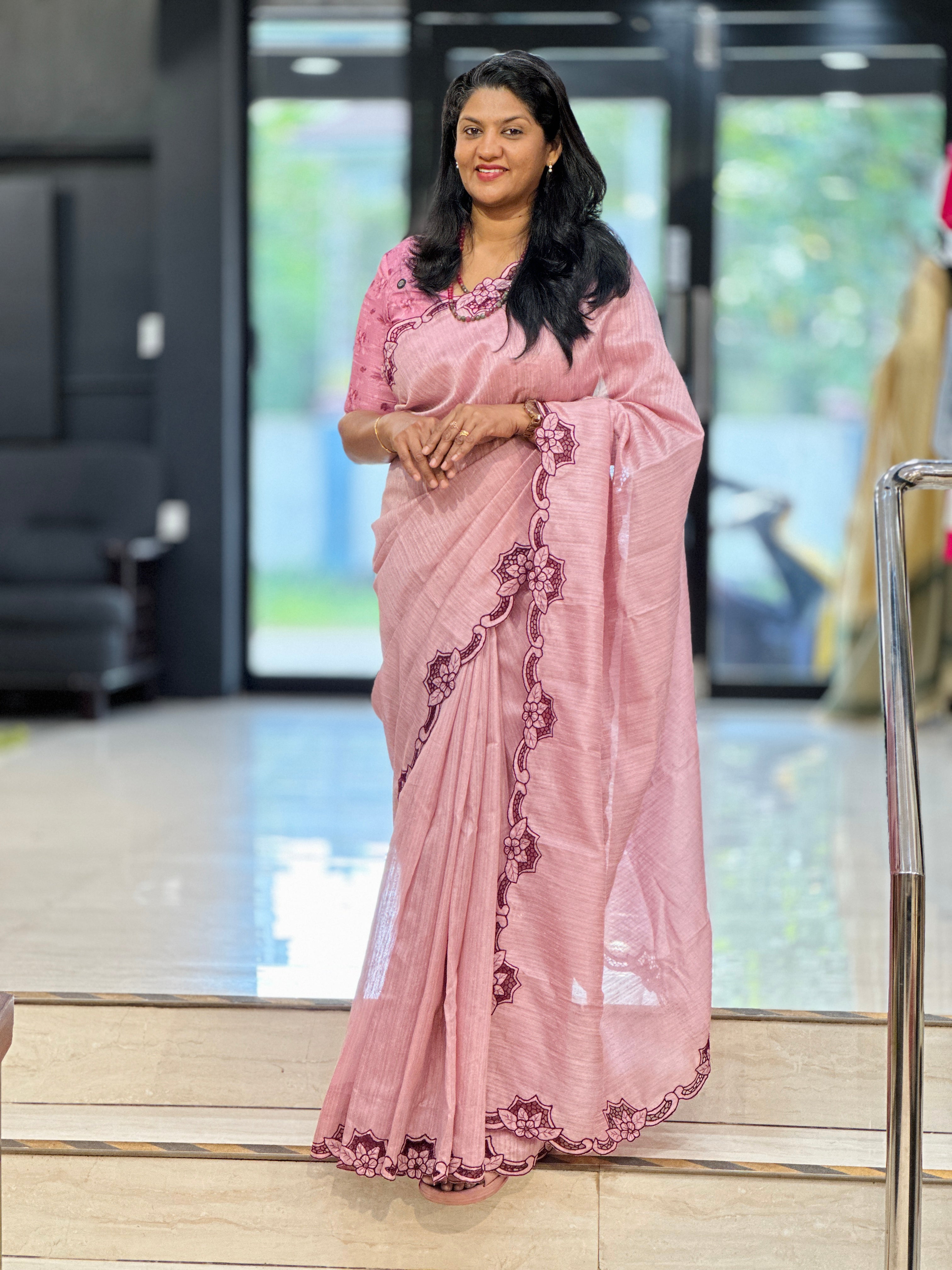 Floral Embroidered Twine Cut Work Green Silk Saree | TC499