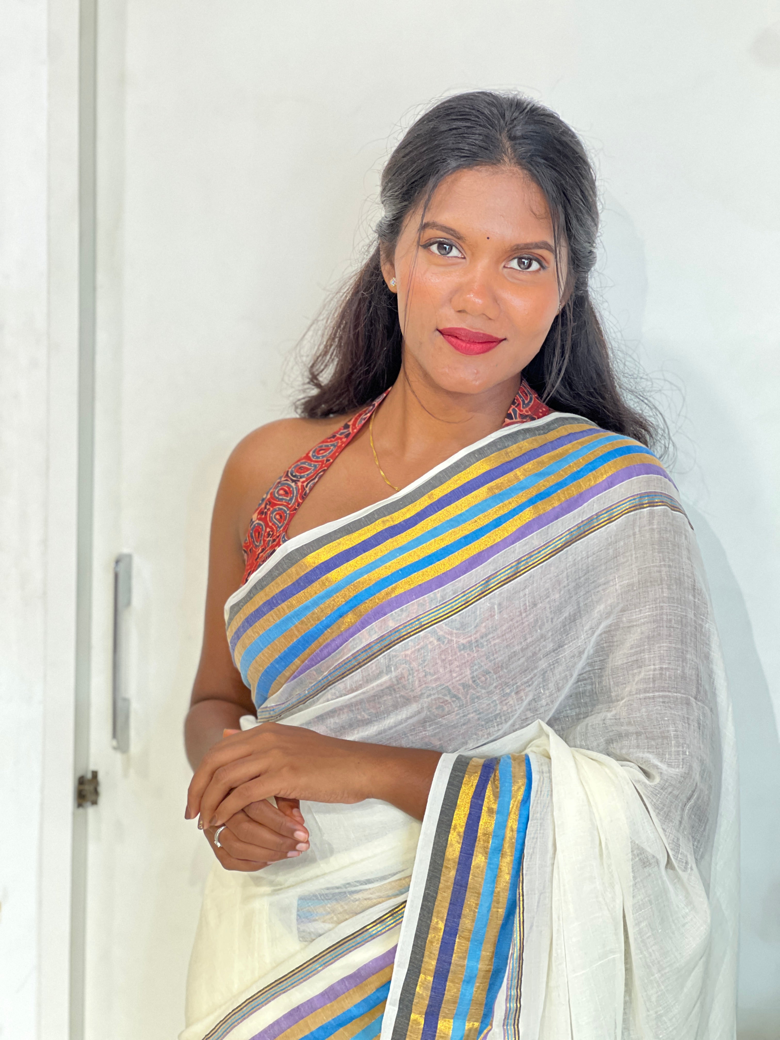 Multi Color Stripe Border Pattern Mul Cotton Saree | SA175