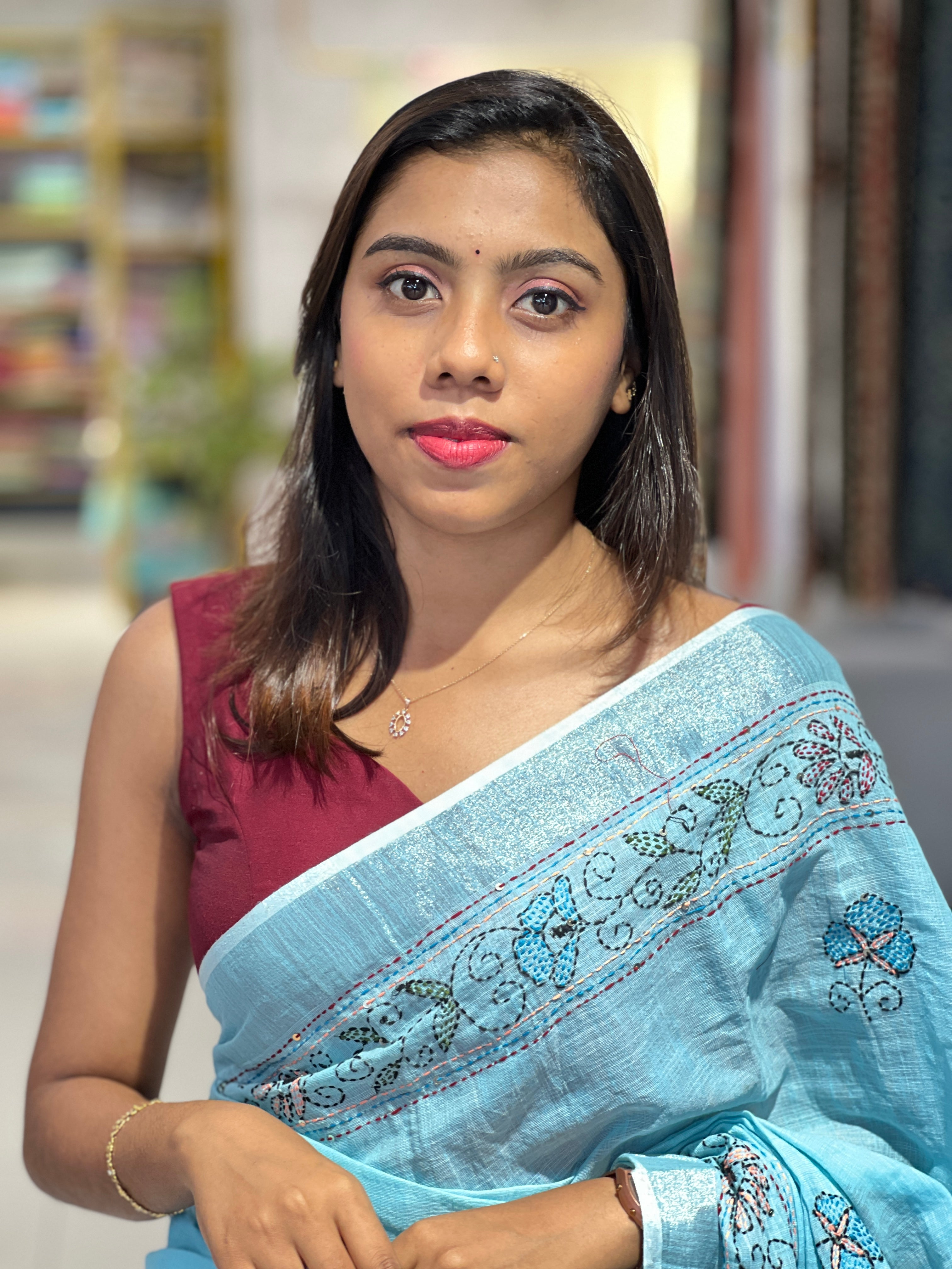 Hand Kantha Detailed Linen Saree | RP753