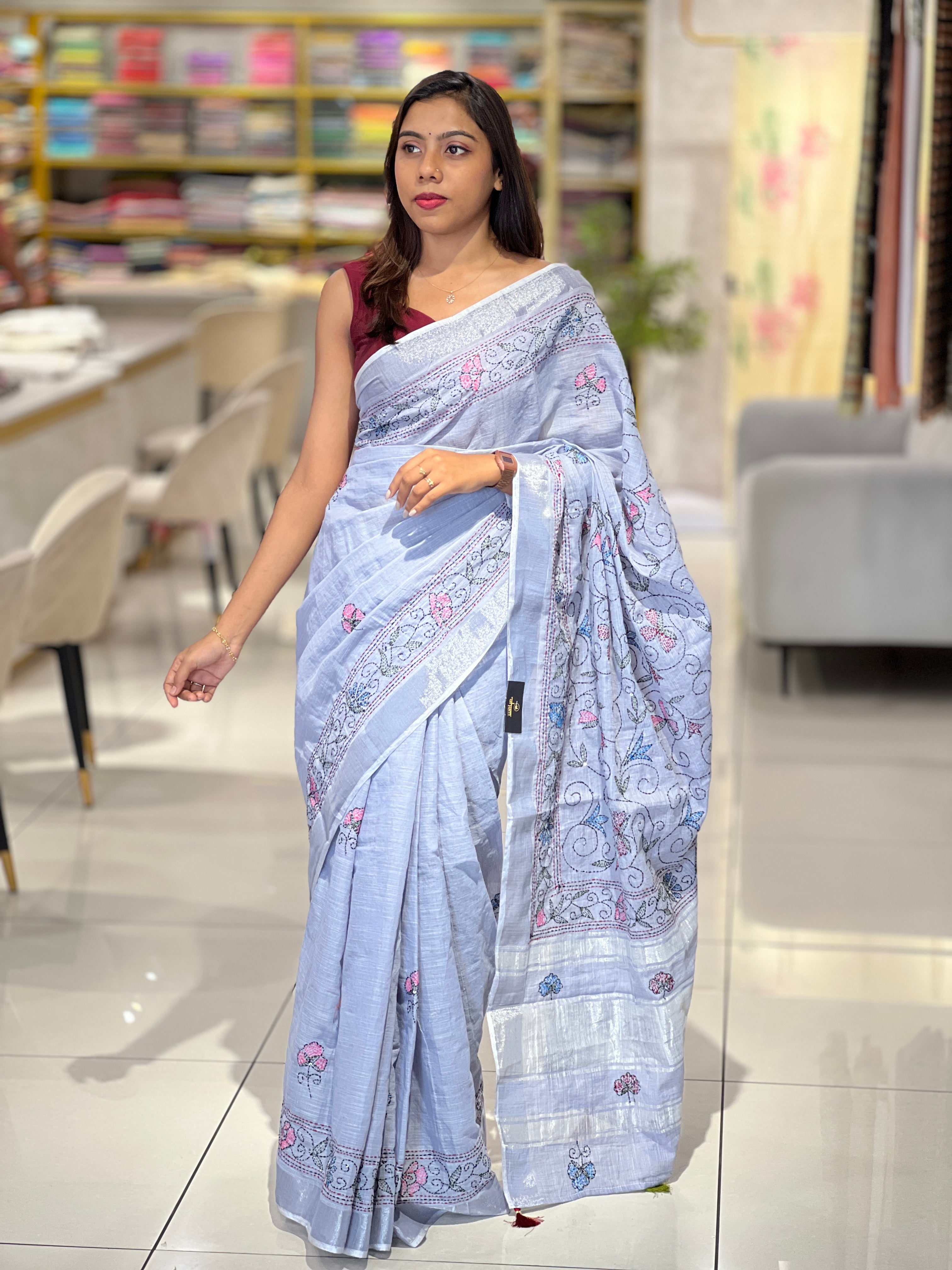 Hand Kantha Detailed Linen Saree | RP748